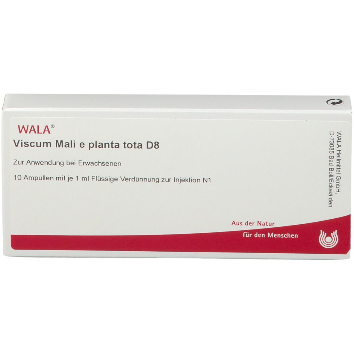 WALA® Viscum Mali e planta tota D 8 Amp. Packung. 10 Ampullen. Rote und weiße Verpackung mit Text.