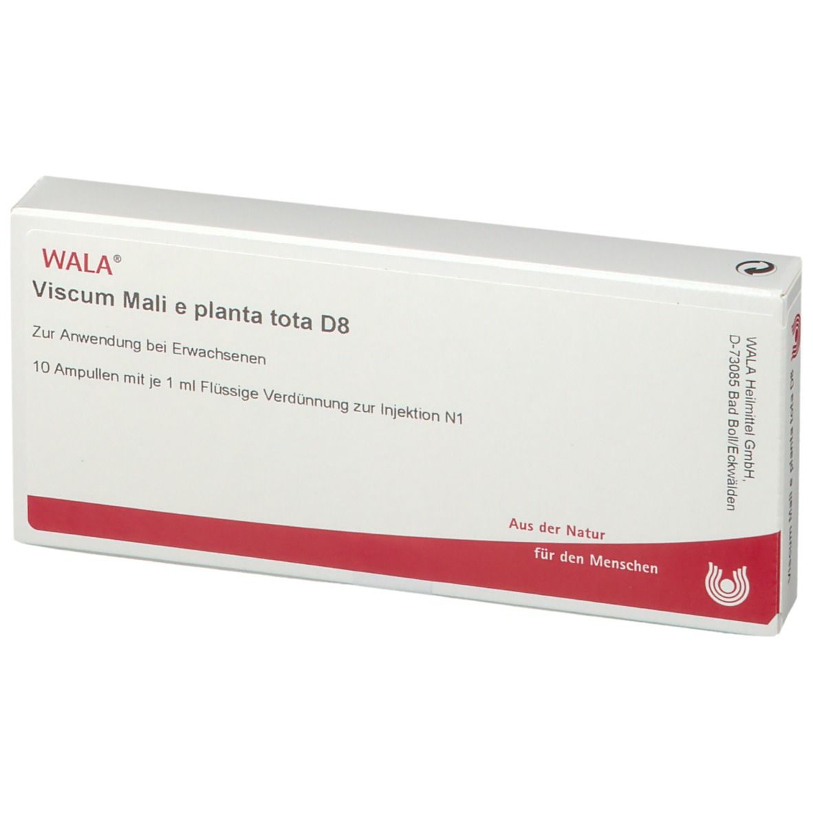 WALA® Viscum Mali e planta tota D 8 Amp. Packung. 10 Ampullen. Rote und weiße Verpackung mit Text.