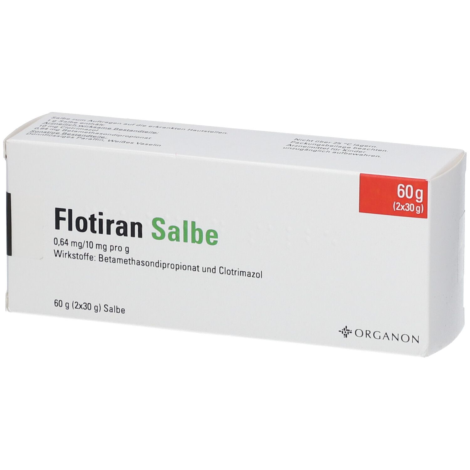 Weiße Faltschachtel mit Aufschrift Flotiran Salbe, 60g, Wirkstoffe: Betamethasondipropionat und Clotrimazol. Roter Bereich mit Gewichtsangabe.