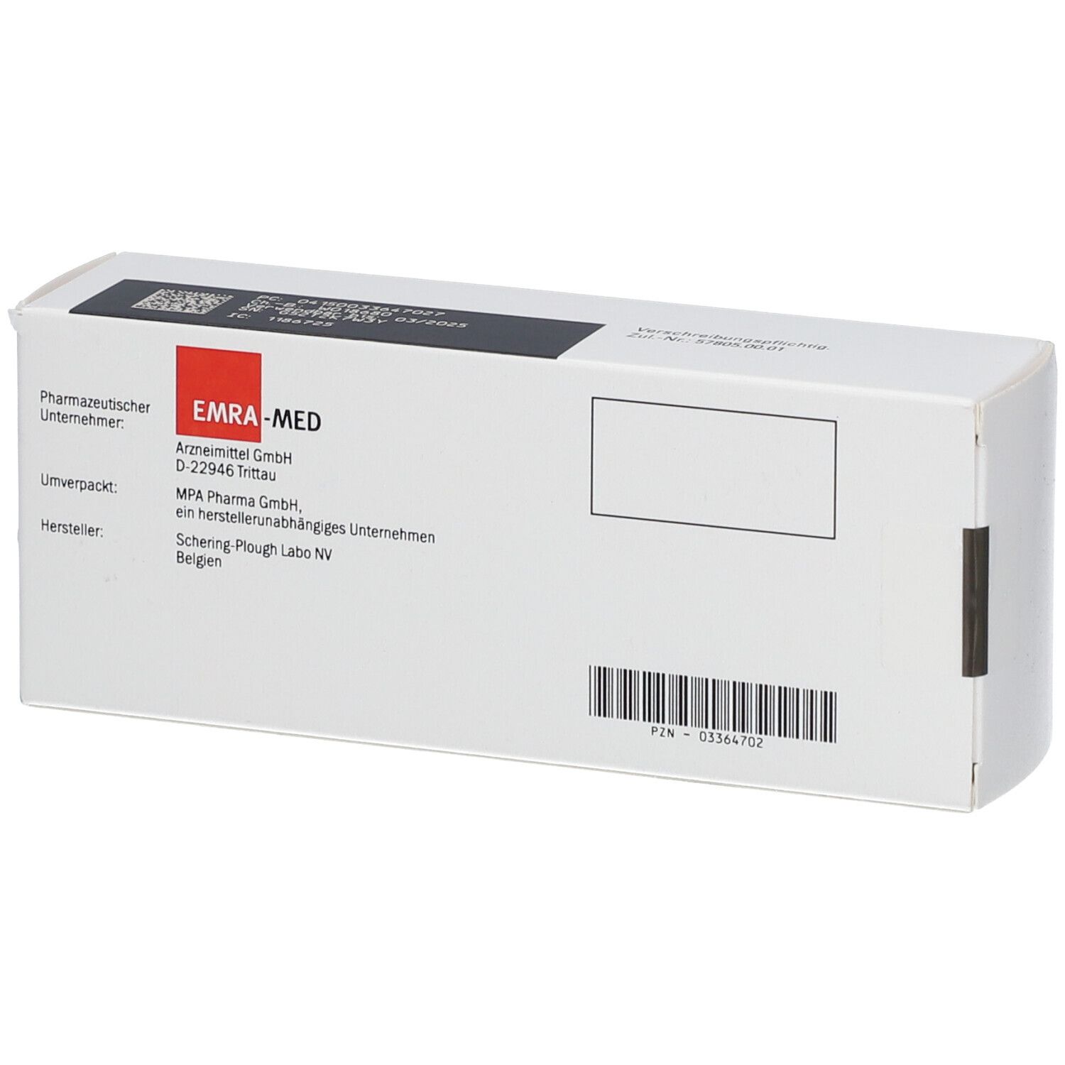 Weiße Faltschachtel mit Aufdruck. Herstellerinformationen und Barcode. Roter Bereich mit Firmenlogo. Text: EMRA-MED.