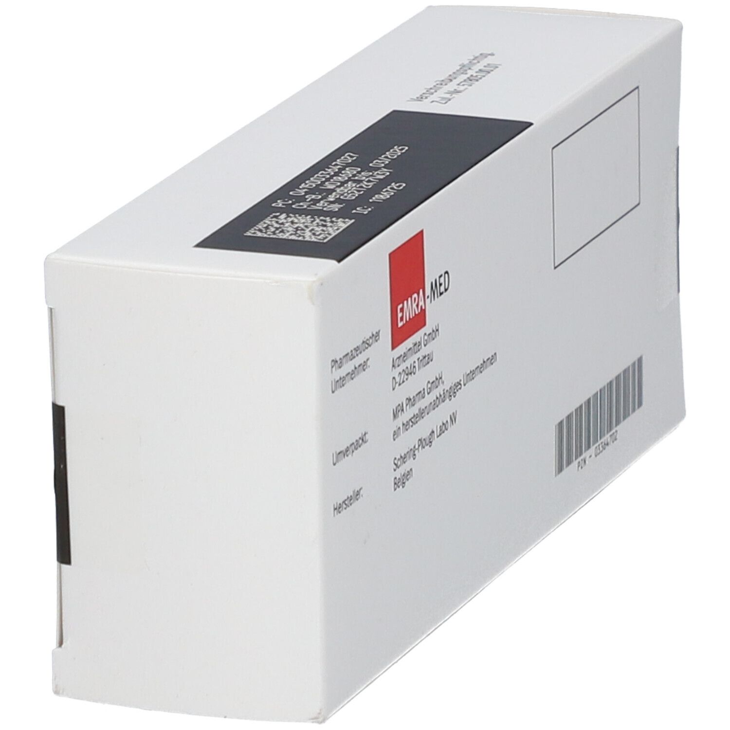 Weiße Faltschachtel mit Aufdruck. Herstellerinformationen und Barcode. Roter Bereich mit Firmenlogo. Text: EMRA-MED.