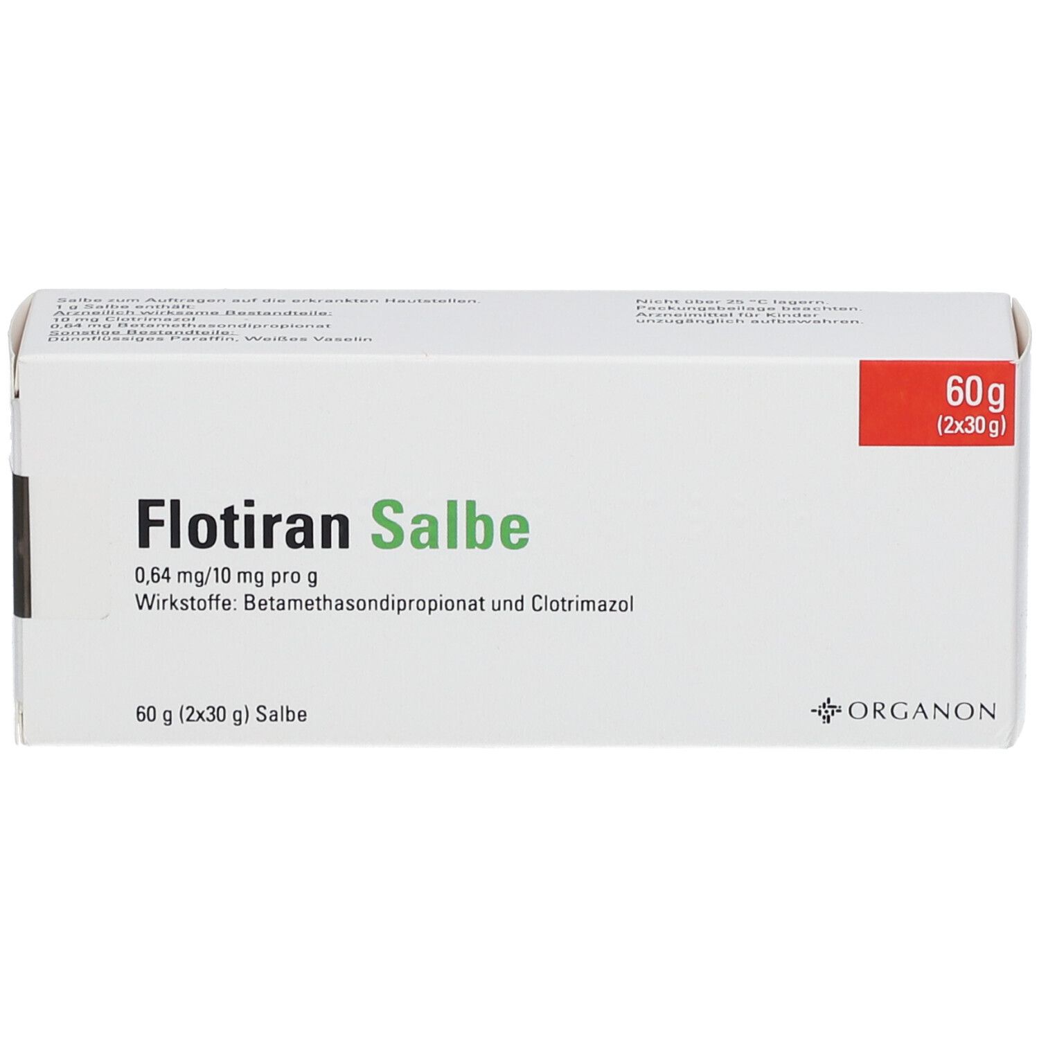 Weiße Faltschachtel mit Aufschrift Flotiran Salbe, 60g, Wirkstoffe: Betamethasondipropionat und Clotrimazol. Roter Bereich mit Gewichtsangabe.