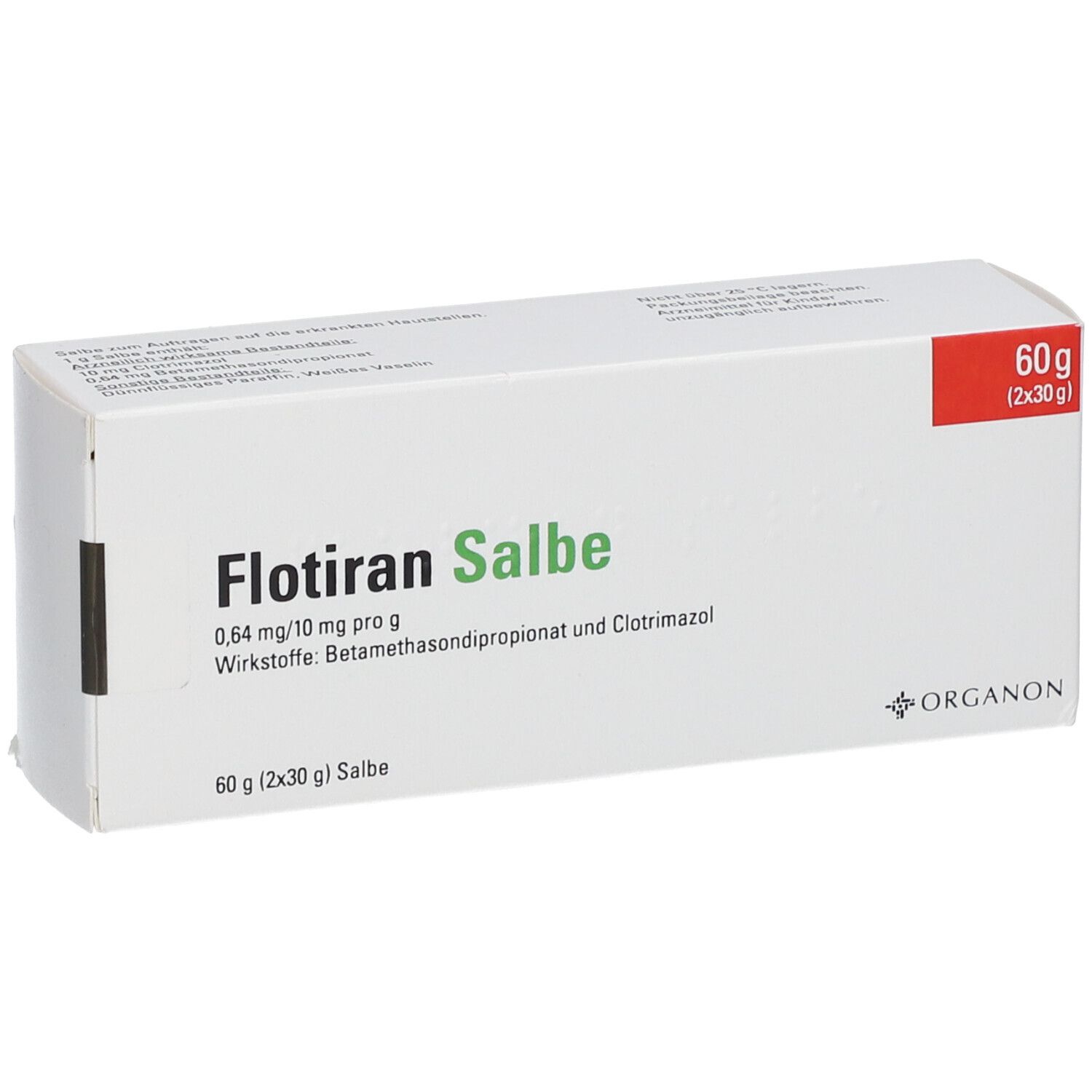 Weiße Faltschachtel mit Aufschrift Flotiran Salbe, 60g, Wirkstoffe: Betamethasondipropionat und Clotrimazol. Roter Bereich mit Gewichtsangabe.