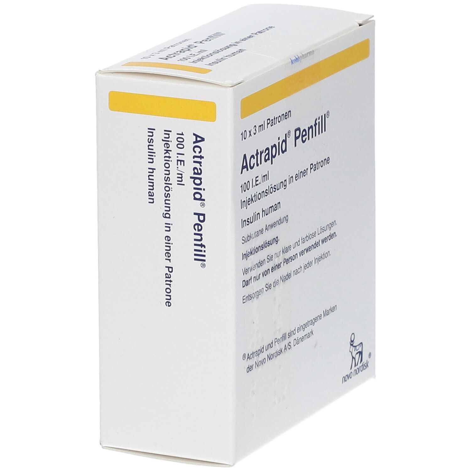 Karton, weiß mit gelben Akzenten. Aufschrift: Actrapid Penfill, 100 I.E./ml, Injektionslösung. Logo Novo Nordisk.