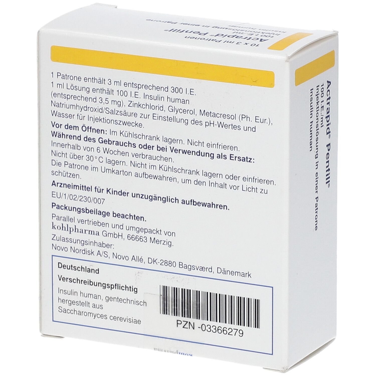 Rückseite des weißen Kartons. Textinformationen, darunter Inhaltsstoffe, Dosierung und Herstellerangaben. PZN-03366279.