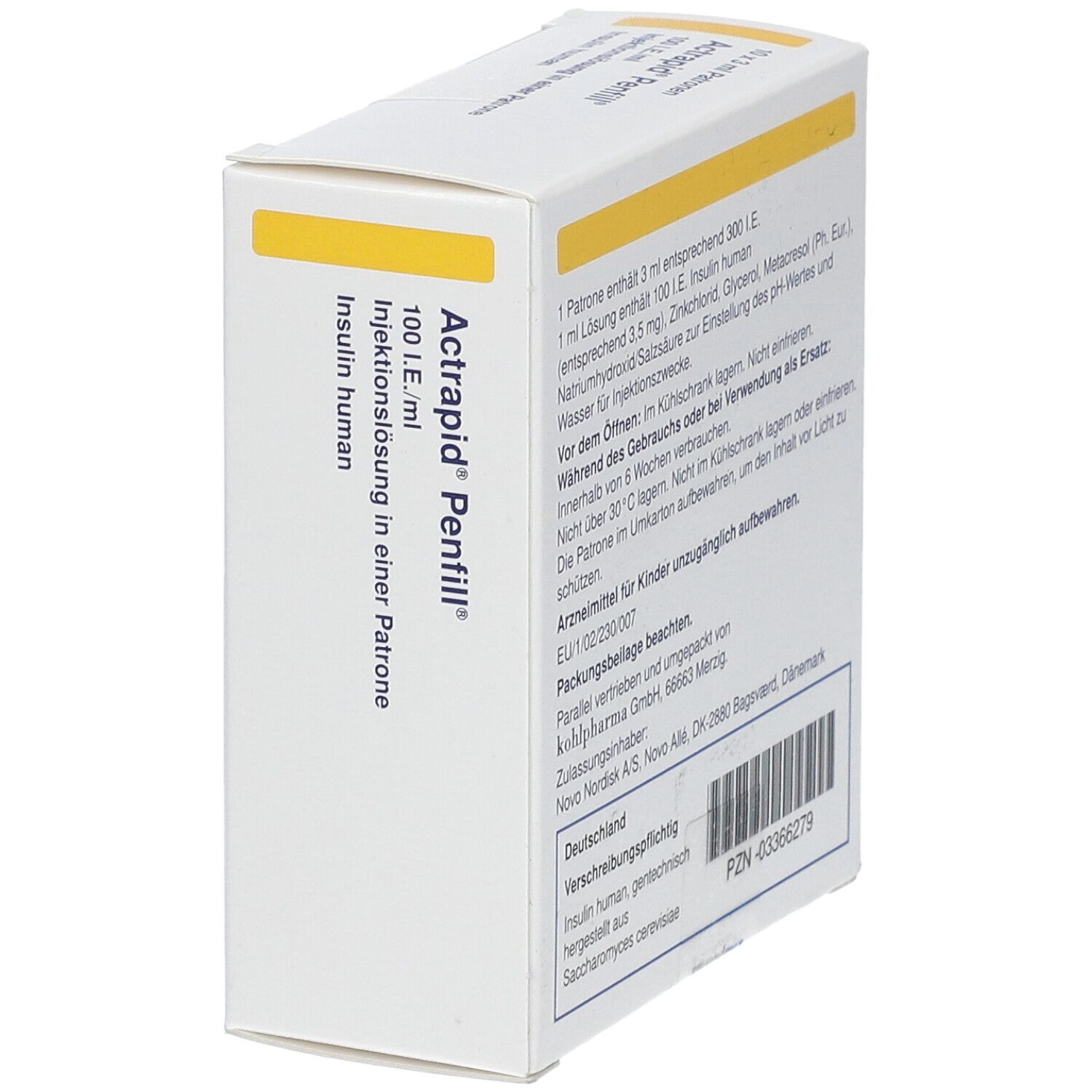 Seitenansicht des weißen Kartons. Aufschrift: Actrapid Penfill, 100 I.E./ml, Injektionslösung. Text und PZN-03366279.