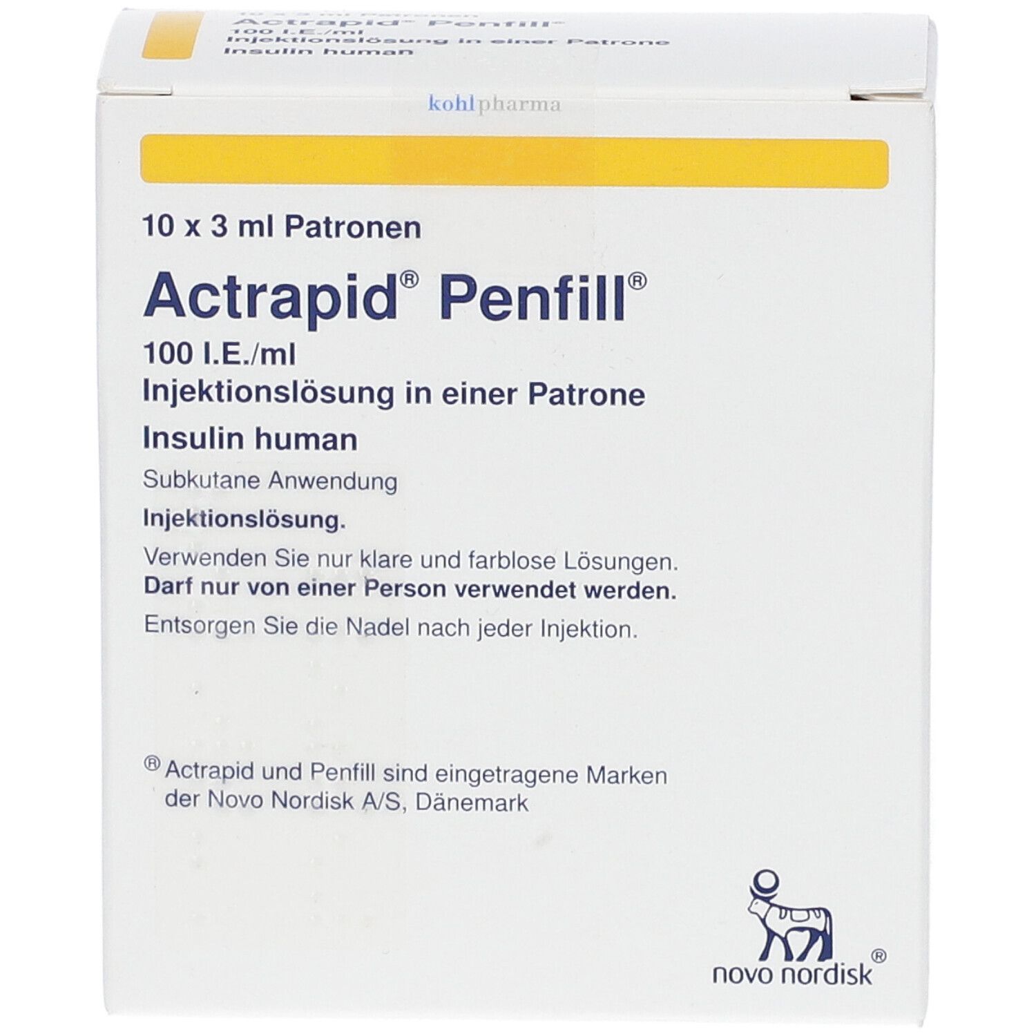 Weißer Karton mit gelben Akzenten. Aufschrift: Actrapid Penfill, 100 I.E./ml, Injektionslösung. Logo von Novo Nordisk.