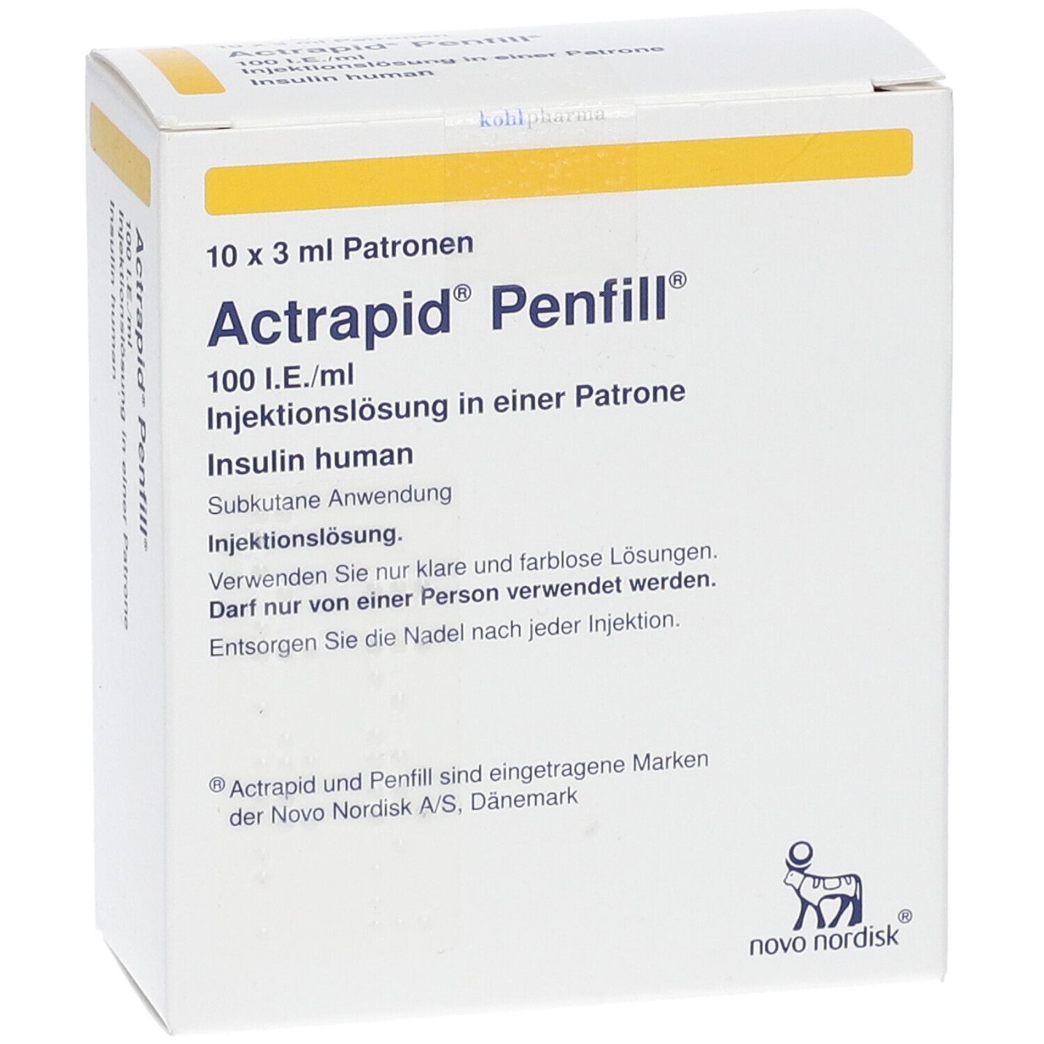 Weißer Karton mit gelben Akzenten. Aufschrift: Actrapid Penfill, 100 I.E./ml, Injektionslösung. Logo von Novo Nordisk.
