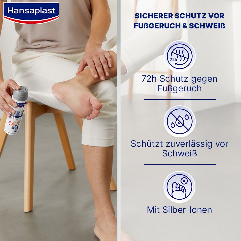 Person hält eine Sprühdose und sprüht auf einen Fuß. Text: Sicherer Schutz vor Fußgeruch & Schweiß. 72h Schutz.