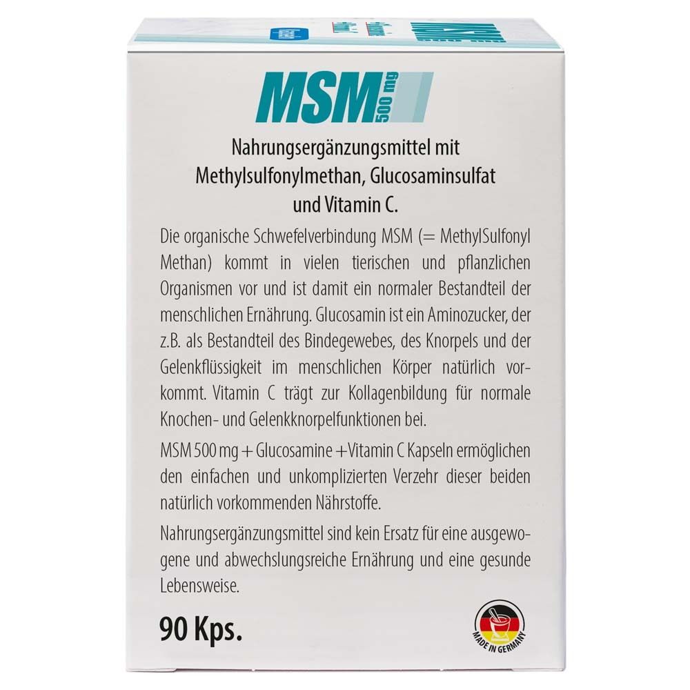 Rückseite der weißen Schachtel mit Text. MSM 500 mg + Glucosamin + Vitamin C Kapseln. 90 Kps. Made in Germany.