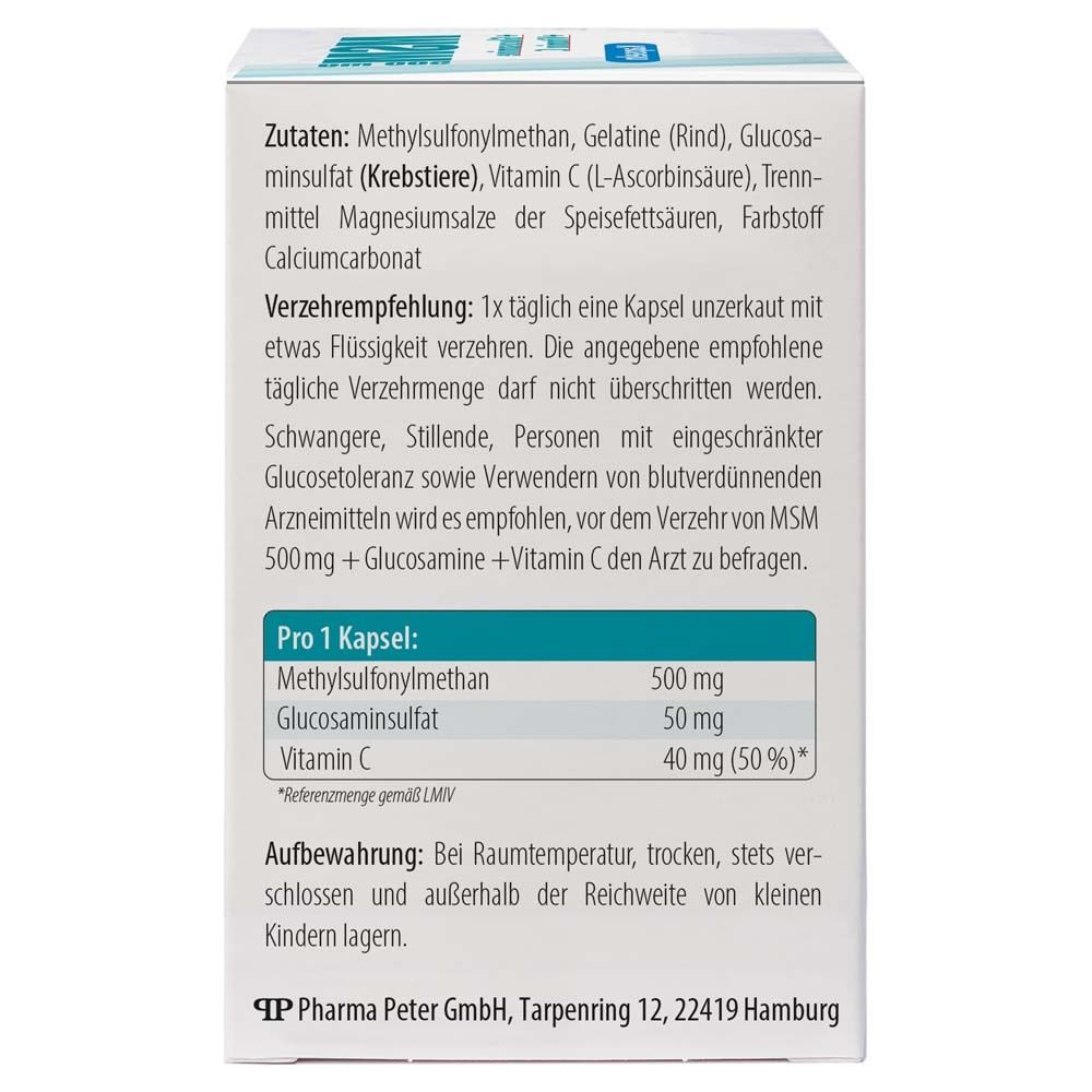 Rückseite der weißen Schachtel mit Zutatenliste und Verzehrempfehlung. MSM 500 mg + Glucosamin + Vitamin C Kapseln.