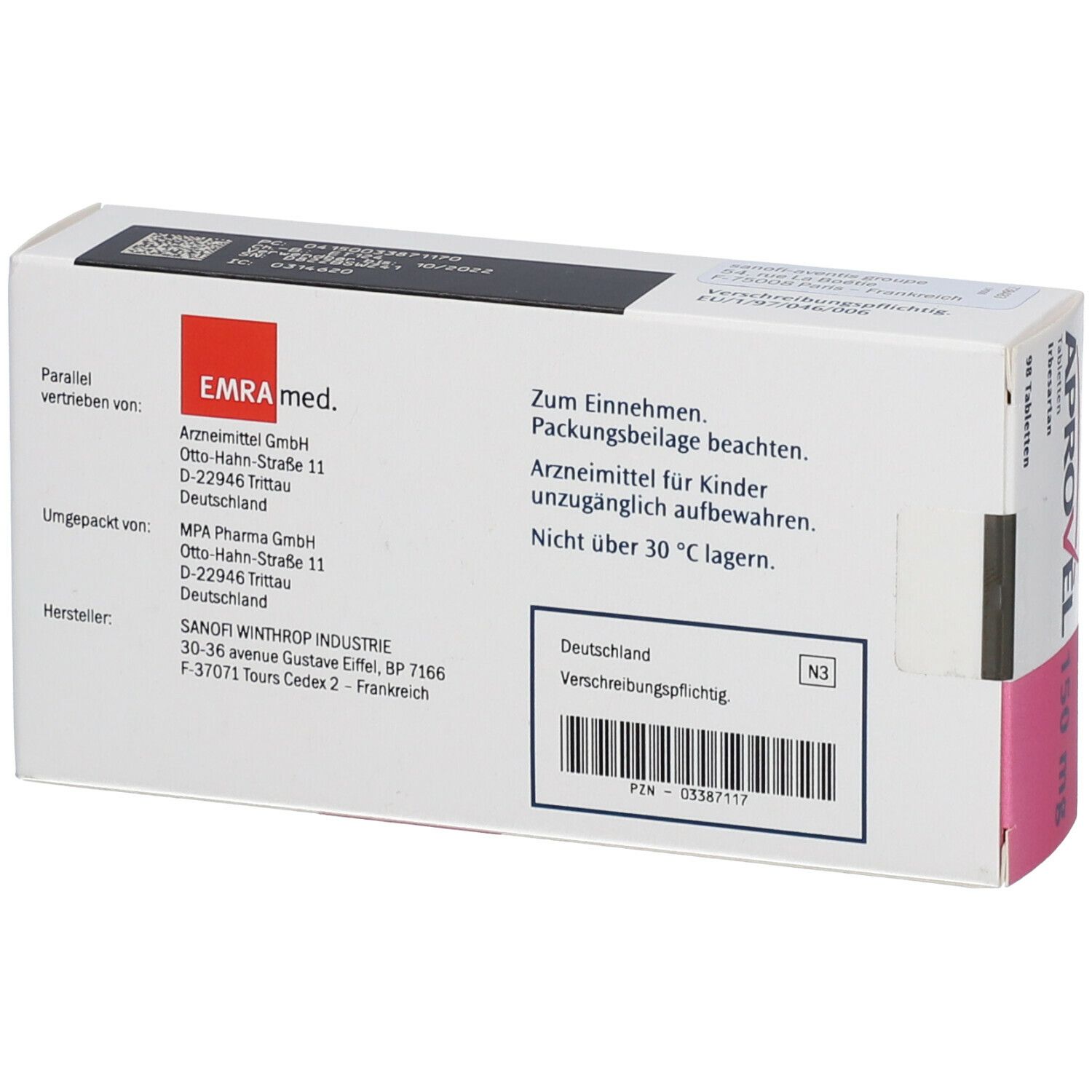 Rückseite der Aprovel 150 mg Packung. Weißer Karton mit Text. Hersteller- und Vertriebsinformationen.