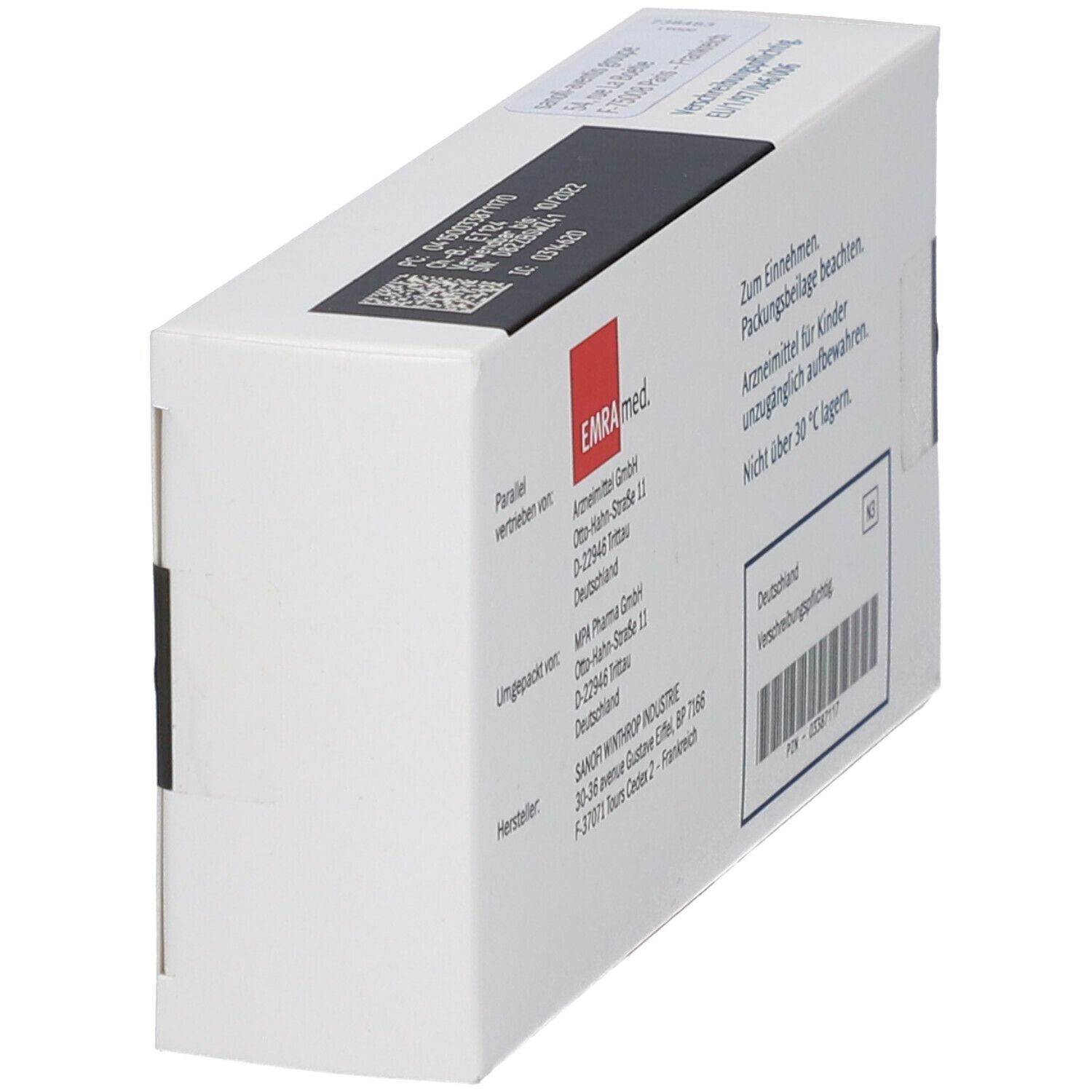Aprovel 150 mg Packung, schräg, Rückseite. Weißer Karton mit Text und Barcode. Herstellerinformationen.