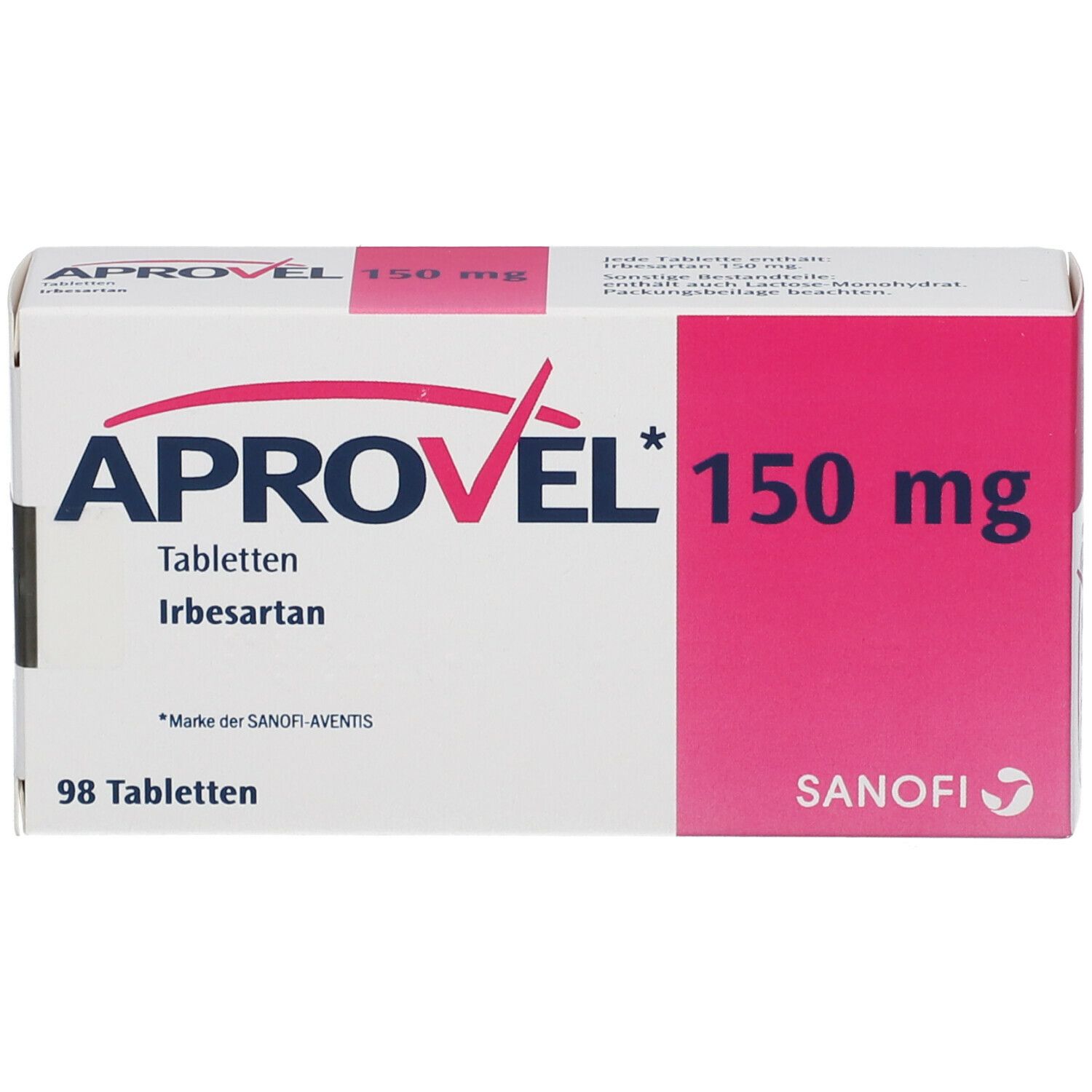 Aprovel 150 mg Tabletten-Packung. Weißer Karton mit rosa Akzenten. Aufschrift: Aprovel, 150 mg, 98 Tabletten.