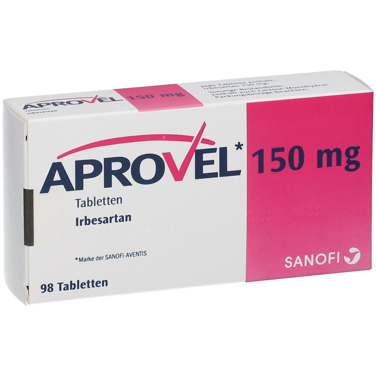 Aprovel 150 mg Tabletten-Packung. Weißer Karton mit rosa Akzenten. Aufschrift: Aprovel, 150 mg, 98 Tabletten.