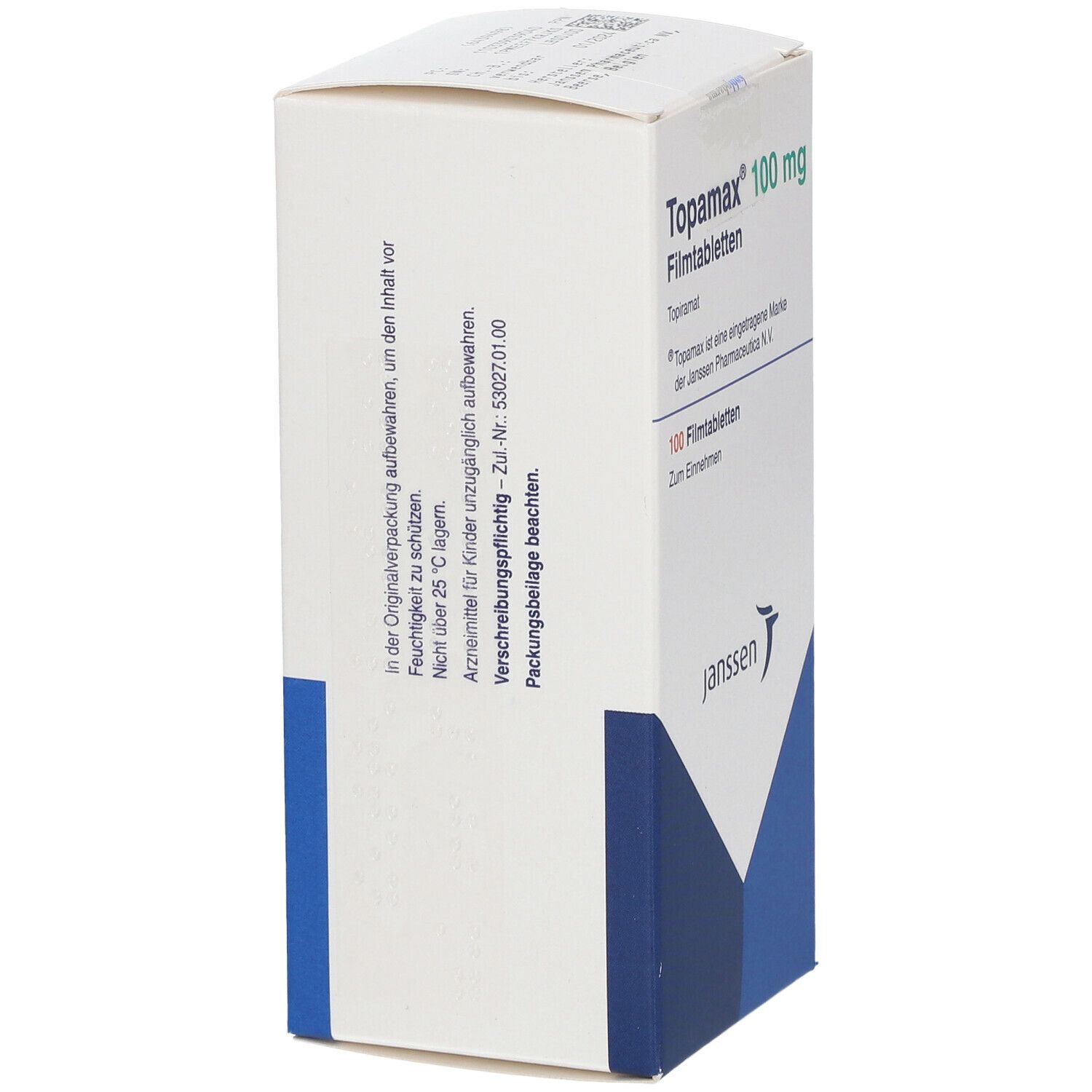Rückseite der Topamax 100 mg Schachtel. Text: In Originalverpackung aufbewahren. Nicht über 25°C. Janssen Logo.