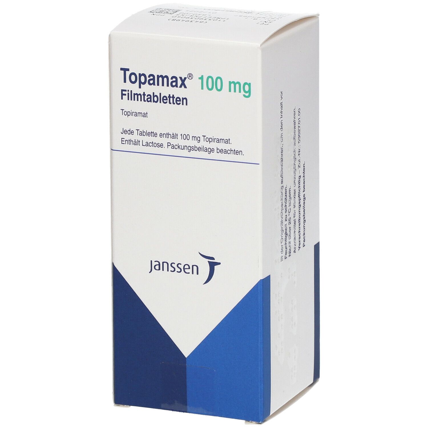 Schachtel Topamax 100 mg Filmtabletten. Text: Jede Tablette enthält 100 mg Topiramat. Janssen Logo. Weiß, blau und grün.