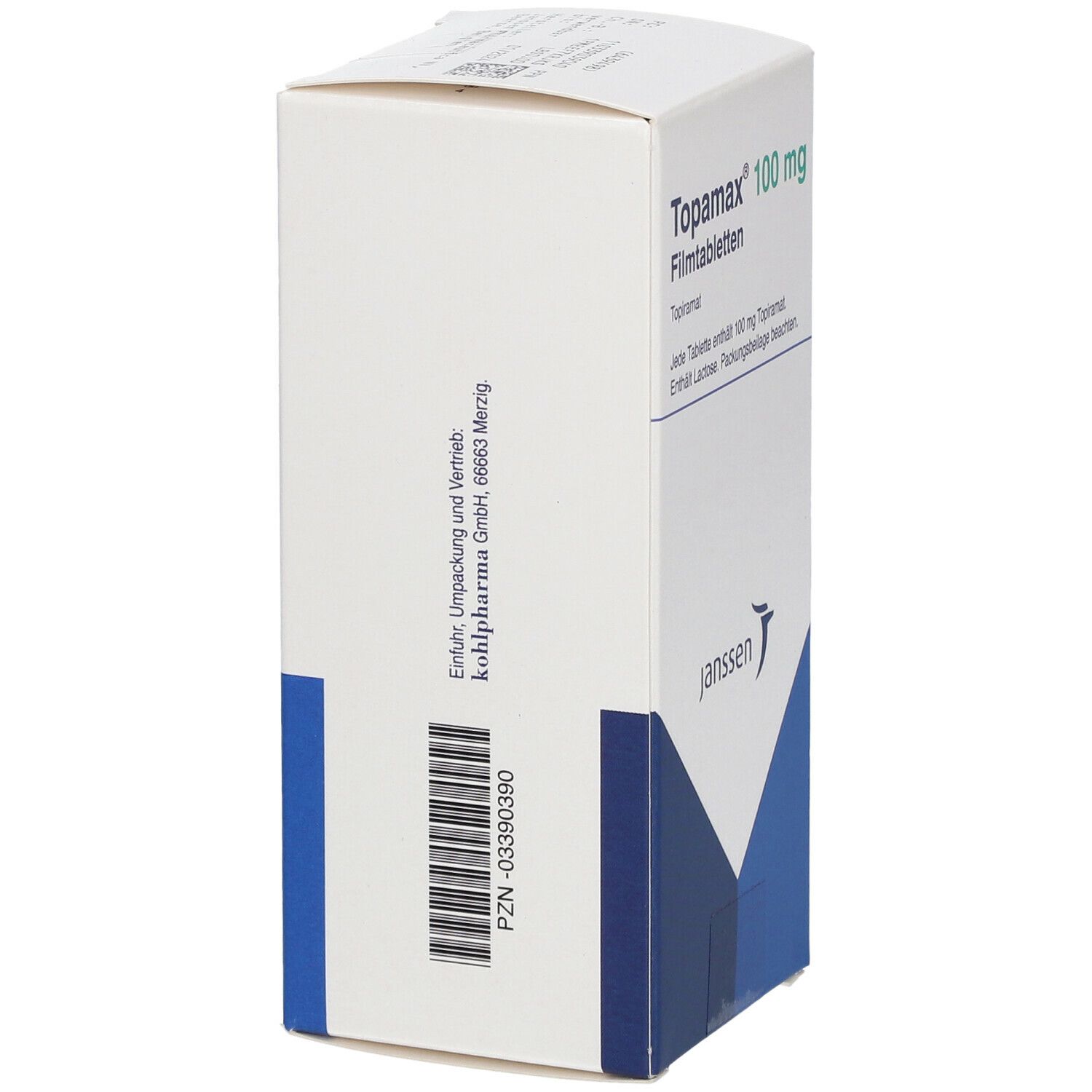 Seite der Topamax 100 mg Schachtel. Barcode und Text: Kohlpharma GmbH. Janssen Logo. Weiß, blau und grün.
