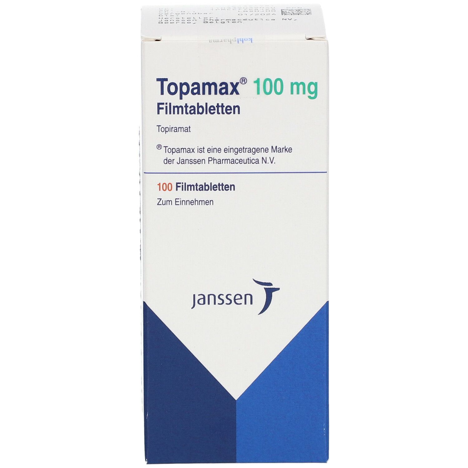 Schachtel Topamax 100 mg Filmtabletten. Weiß, blau und grün. Janssen Logo. 100 Filmtabletten. Zum Einnehmen.