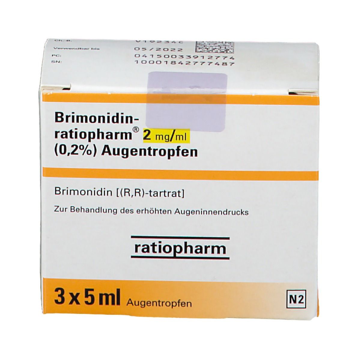 Karton mit Augentropfen. Aufschrift: Brimonidin-ratiopharm 2 mg/ml (0,2%) Augentropfen. Packungsinhalt: 3x5 ml. Vorderansicht.