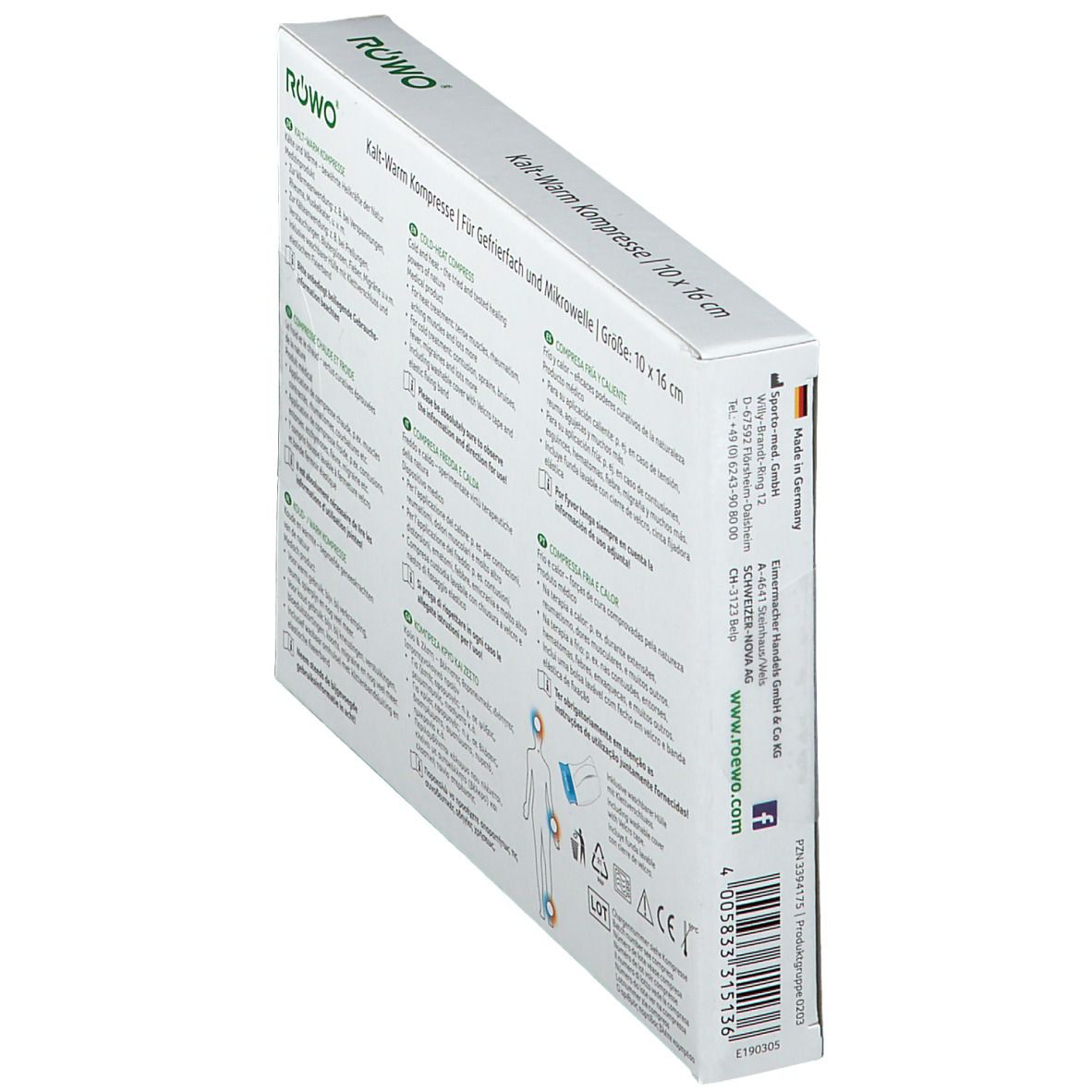 Emballage en vue oblique. Informations produit et code-barres sur le côté. Fabriqué en Allemagne.