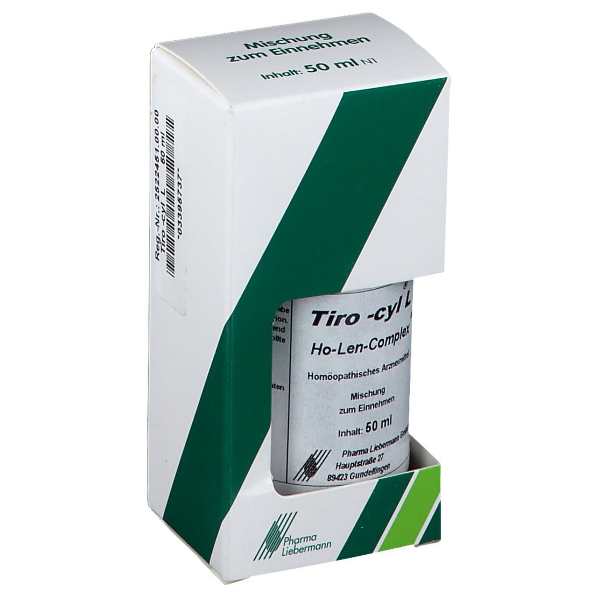 Tiro-cyl L Flasche in weiß-grüner Verpackung. Aufschrift: Mischung zum Einnehmen, 50 ml. Pharma Liebermann Logo.