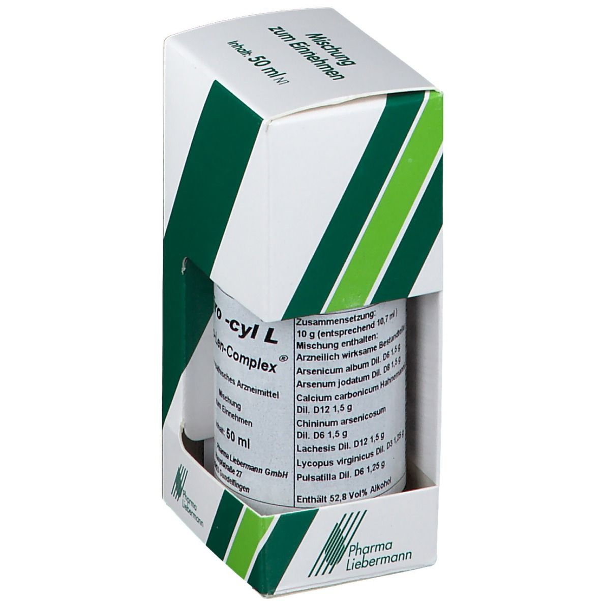 Tiro-cyl L Flasche mit Inhaltsangaben in weiß-grüner Verpackung. Aufschrift: Mischung zum Einnehmen, 50 ml. Pharma Liebermann Logo.