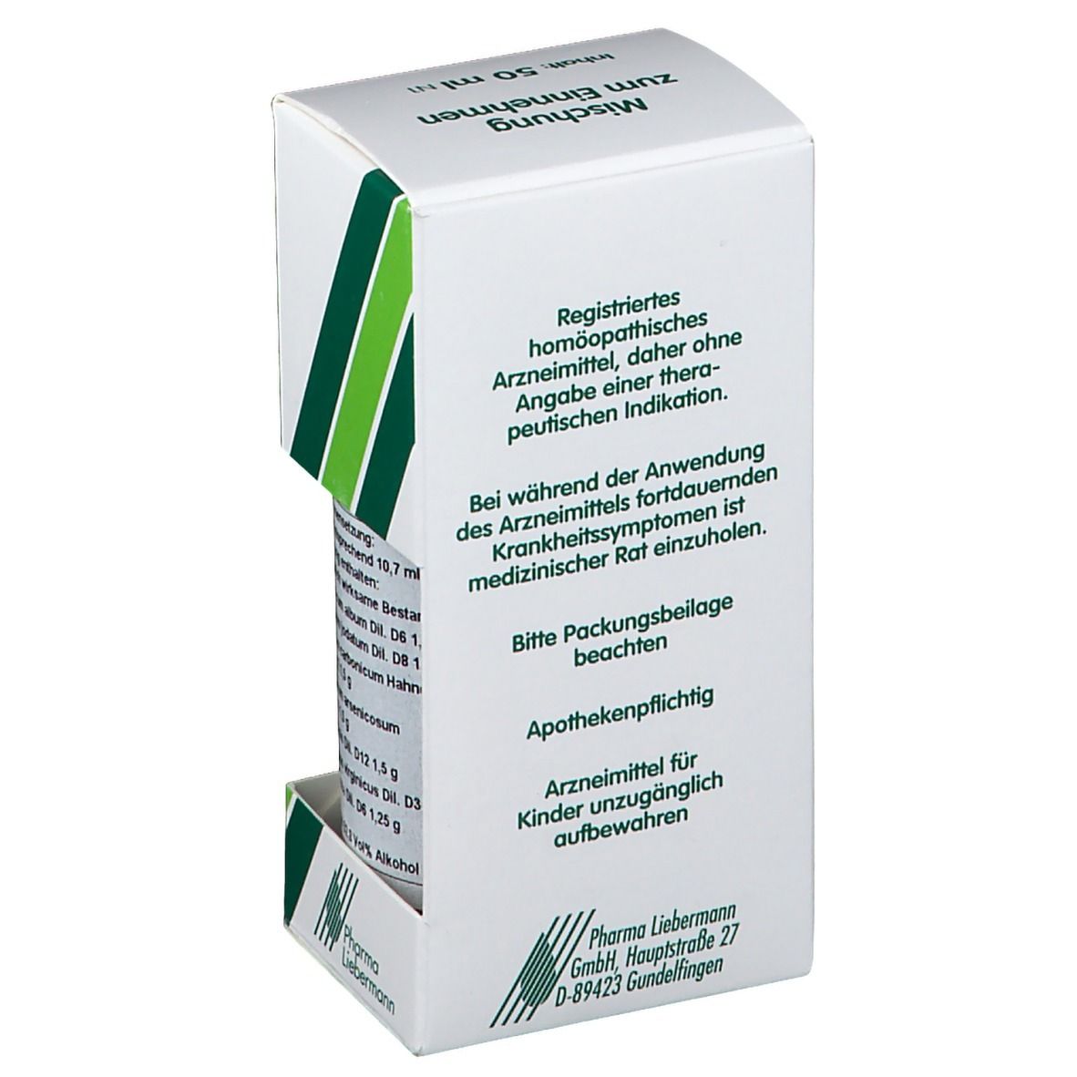 Rückseite der Tiro-cyl L Verpackung. Text: Registriertes homöopathisches Arzneimittel. Apothekenpflichtig. Pharma Liebermann Logo.