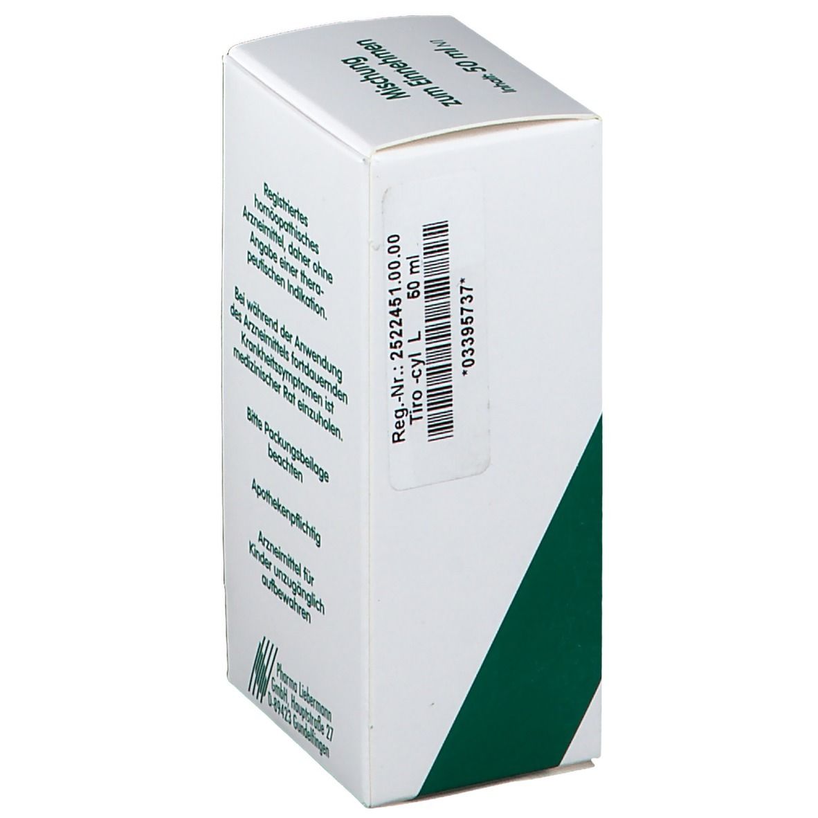 Tiro-cyl L Verpackung, Seitenansicht. Aufkleber mit Reg.-Nr. und Barcode. Aufschrift: 60 ml. Pharma Liebermann Logo.