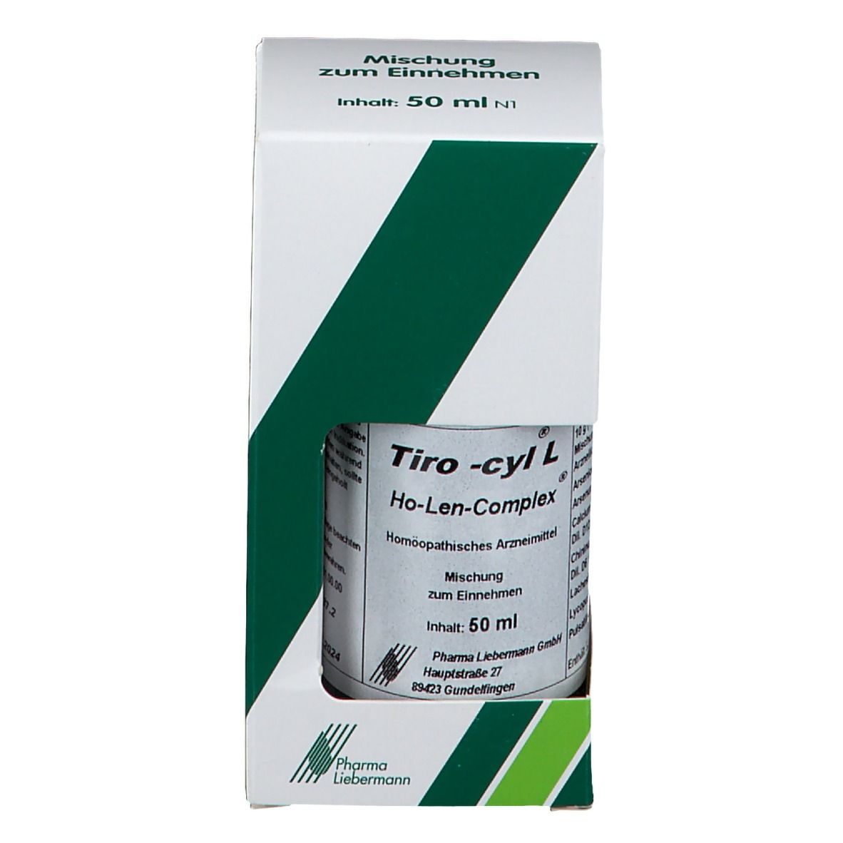 Tiro-cyl L Flasche in weiß-grüner Verpackung. Aufschrift: Mischung zum Einnehmen, 50 ml. Pharma Liebermann Logo.