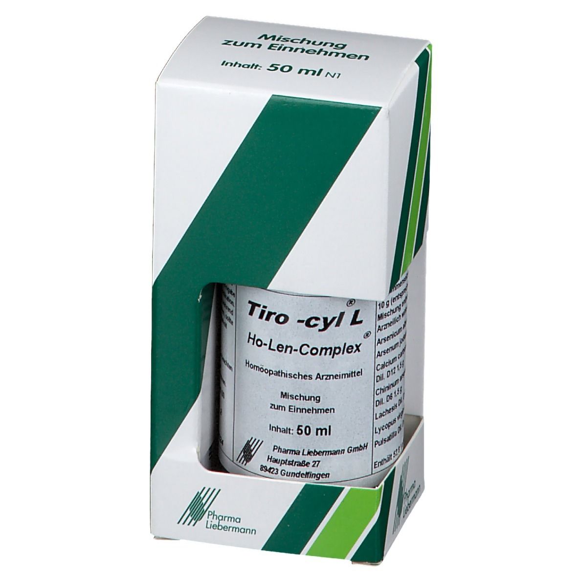 Tiro-cyl L Flasche mit Inhaltsangaben in weiß-grüner Verpackung. Aufschrift: Mischung zum Einnehmen, 50 ml. Pharma Liebermann Logo.