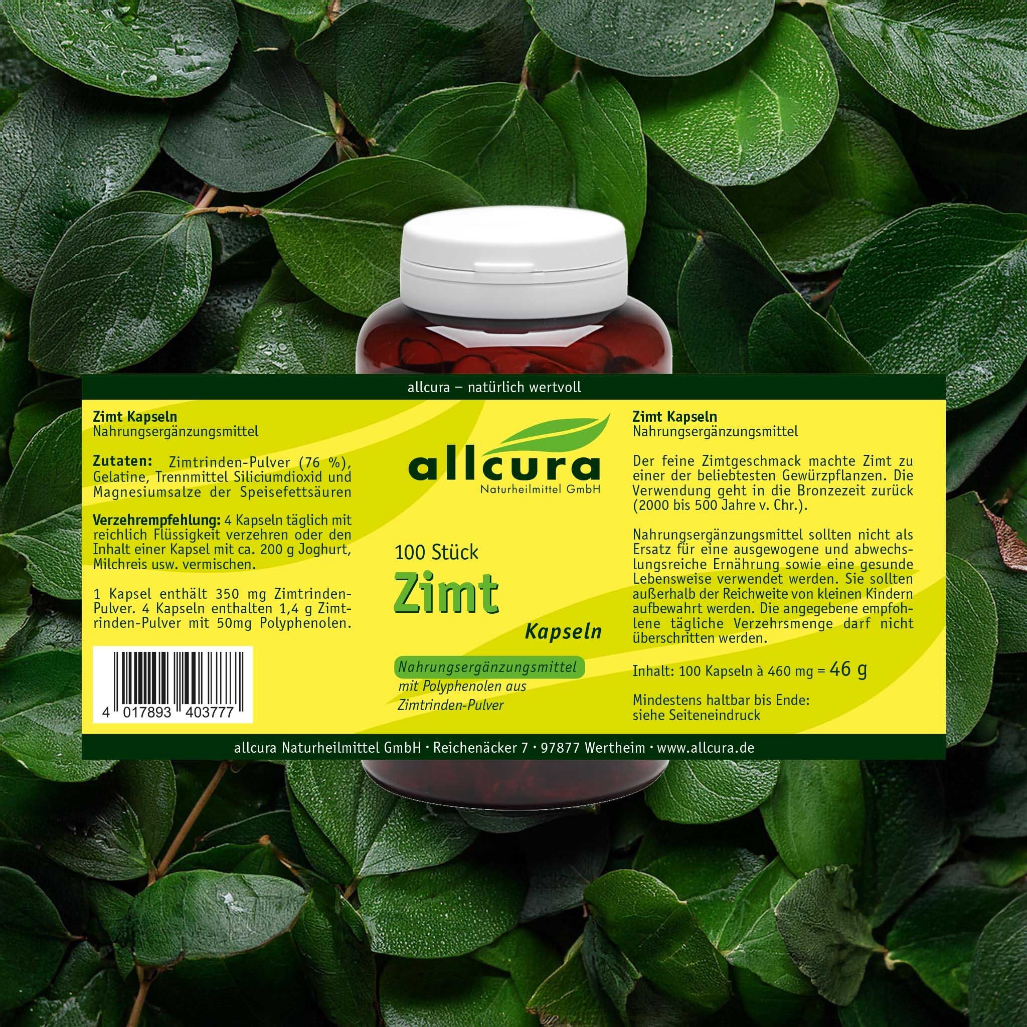 Braune Flasche mit weißen Deckel. Aufkleber mit Produktbezeichnung Zimt-Kapseln. Marke: allcura. Hintergrund: grüne Blätter.