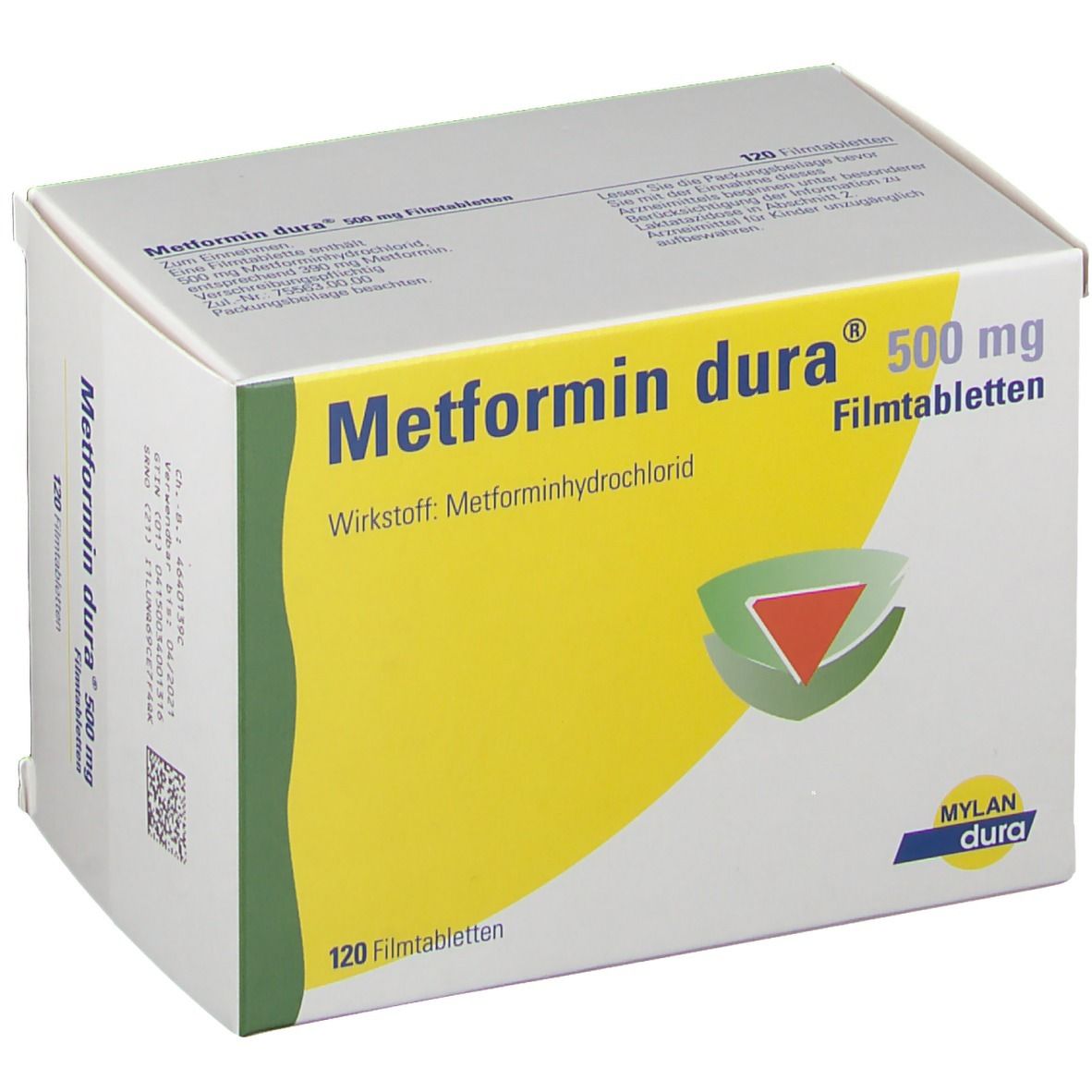Schachtel mit Metformin dura 500 mg Filmtabletten. Gelber Hintergrund, grüne und rote Grafik. 120 Filmtabletten.