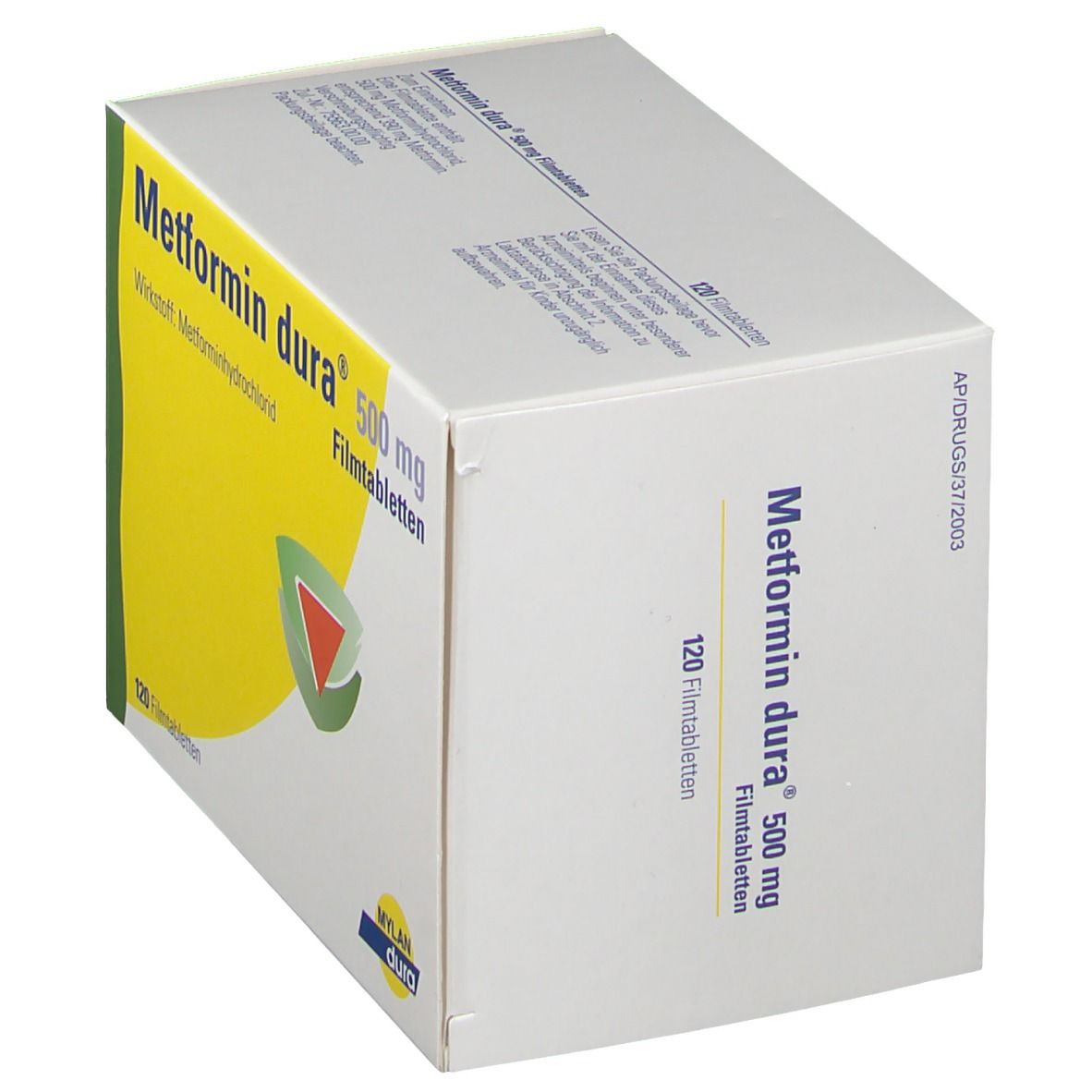 Schachtel Metformin dura 500 mg Filmtabletten. Gelber Hintergrund, grüne und rote Grafik. 120 Filmtabletten. Ansicht schräg.