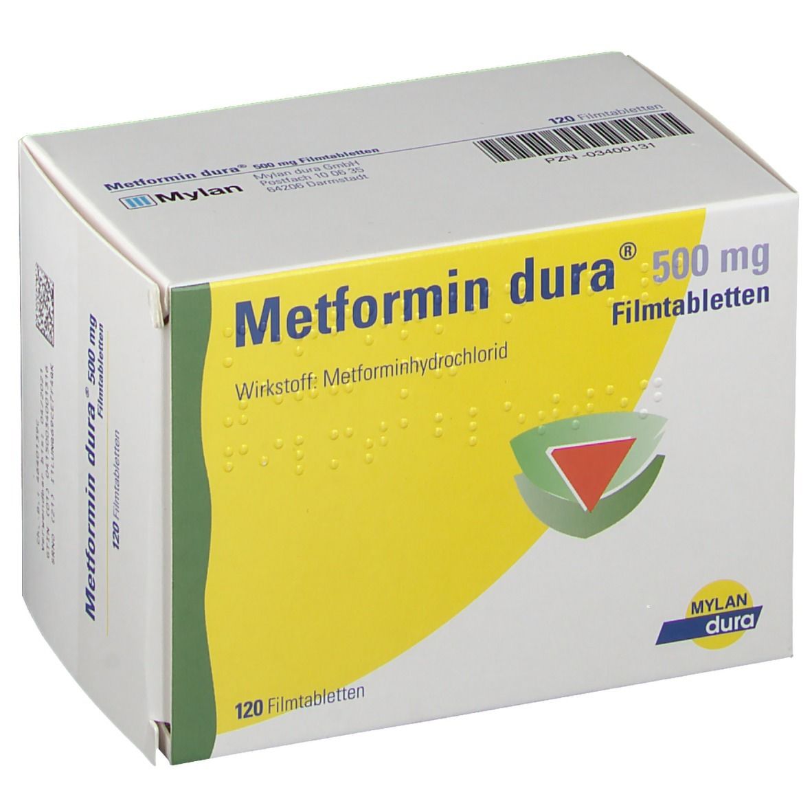 Schachtel mit Metformin dura 500 mg Filmtabletten. Gelber Hintergrund, grüne und rote Grafik. 120 Filmtabletten.