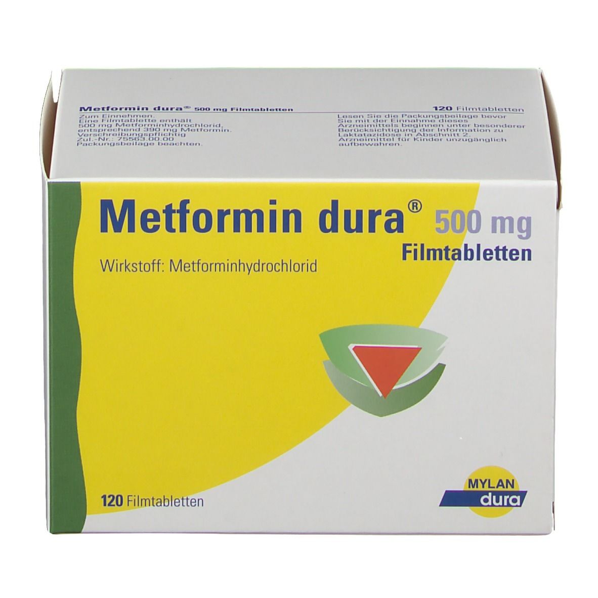 Schachtel mit Metformin dura 500 mg Filmtabletten. Gelber Hintergrund, grüne und rote Grafik. 120 Filmtabletten.