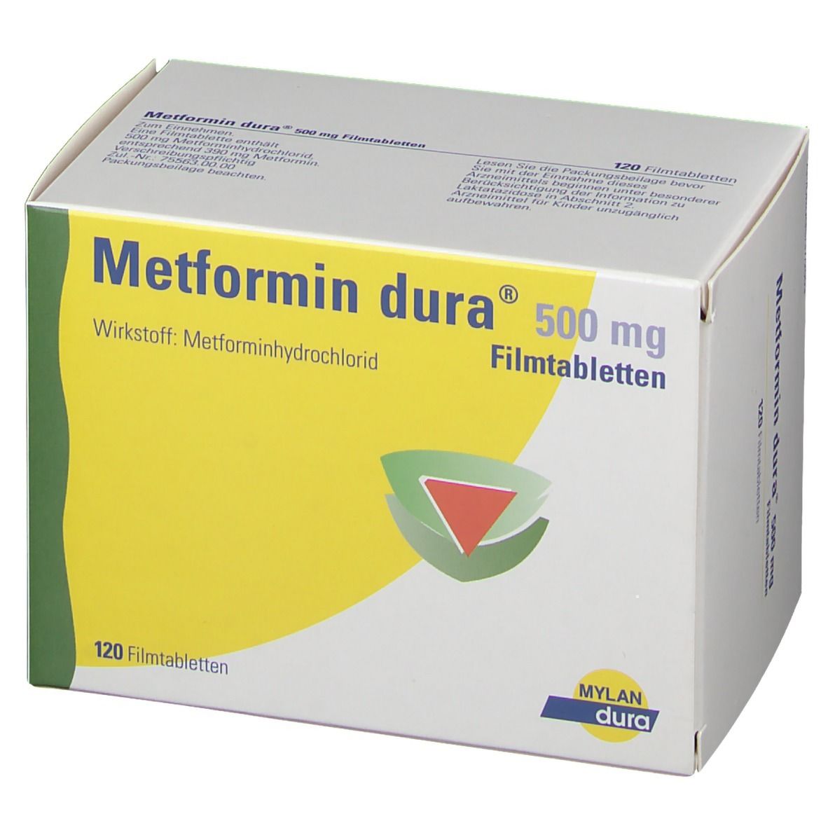 Schachtel mit Metformin dura 500 mg Filmtabletten. Gelber Hintergrund, grüne und rote Grafik. 120 Filmtabletten.