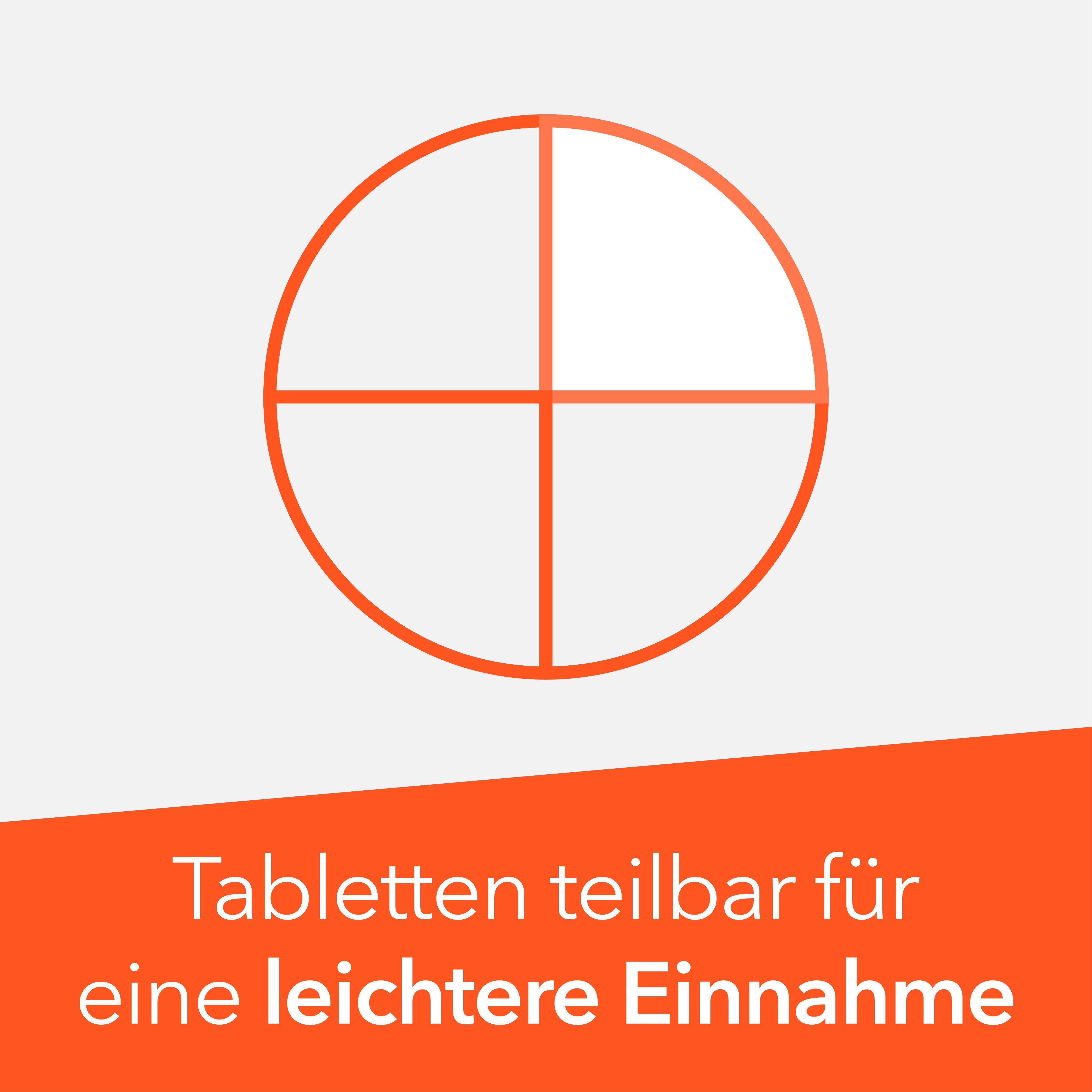 Kreis mit vier Segmenten, der eine teilbare Tablette symbolisiert. Text: Tabletten teilbar für eine leichtere Einnahme.