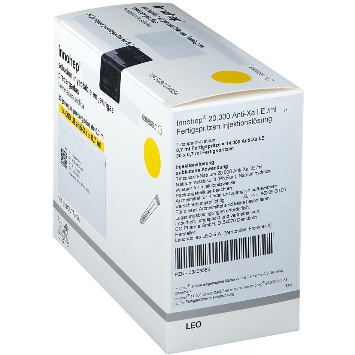 Schachtel mit Innohep-Fertigspritzen. Aufschrift: 20.000 Anti-Xa I.E./ml. 30 x 0,7 ml Fertigspritzen. Logo LEO.