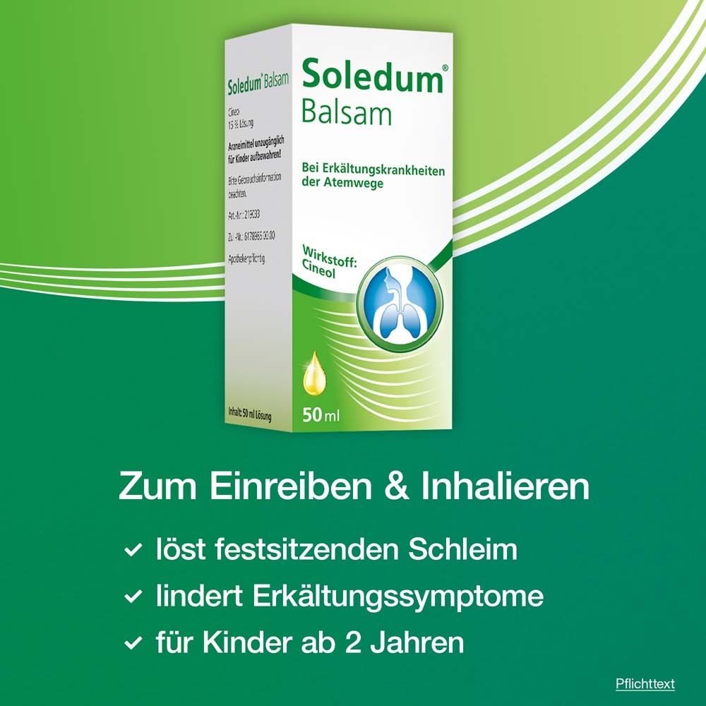 Soledum Balsam-Verpackung. Text: Zum Einreiben & Inhalieren. Für Kinder ab 2 Jahren.