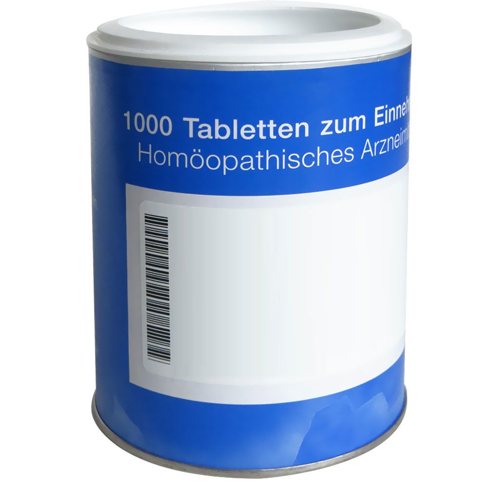 Zylindrische Dose mit blauem Deckel und Band. Aufschrift: 1000 Tabletten. Barcode und leeres Etikett.