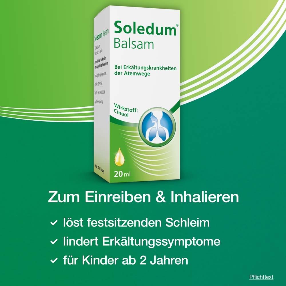Soledum® Balsam-Verpackung. Text: Zum Einreiben & Inhalieren. Löst Schleim, lindert Symptome, für Kinder ab 2.