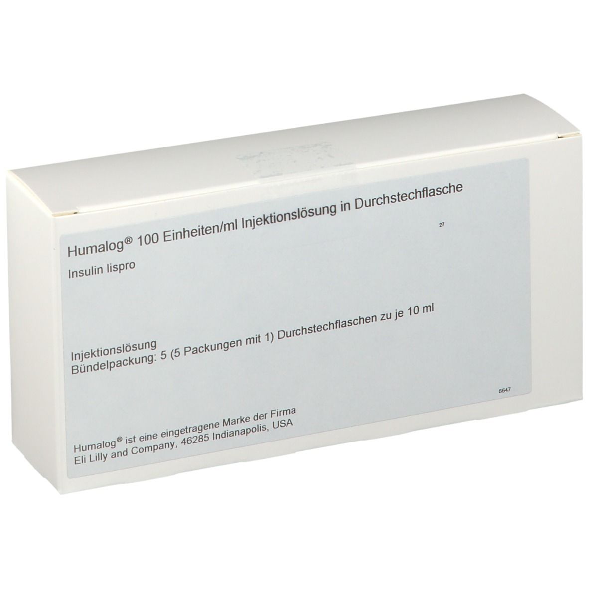 Weiße Verpackung mit Aufschrift Humalog® 100 Einheiten/ml Injektionslösung. Enthält Insulin lispro. Packung mit 5 Durchstechflaschen.