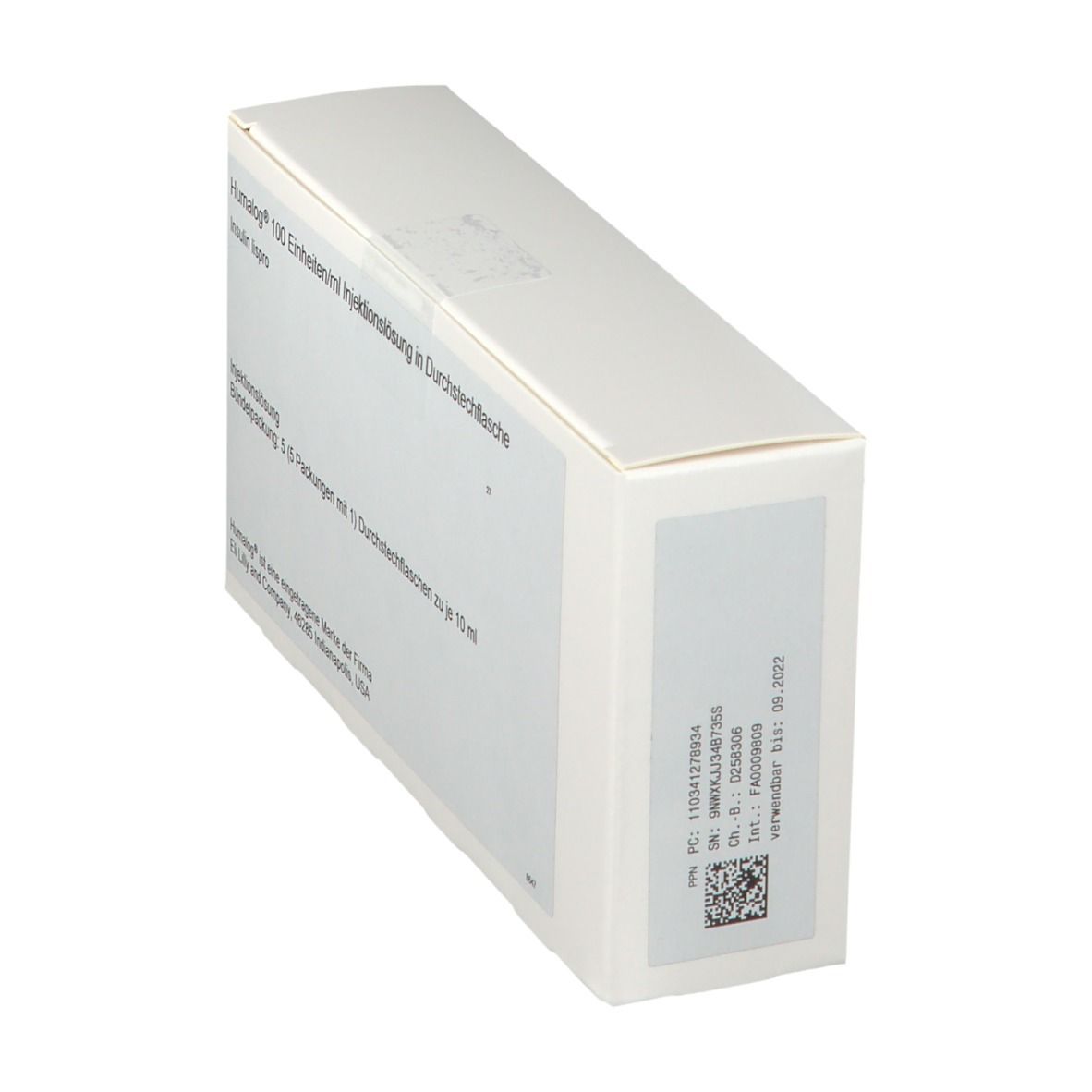 Schräg gestellte weiße Verpackung. Aufschrift Humalog® 100 Einheiten/ml Injektionslösung. Enthält Insulin lispro. Mit Barcode.