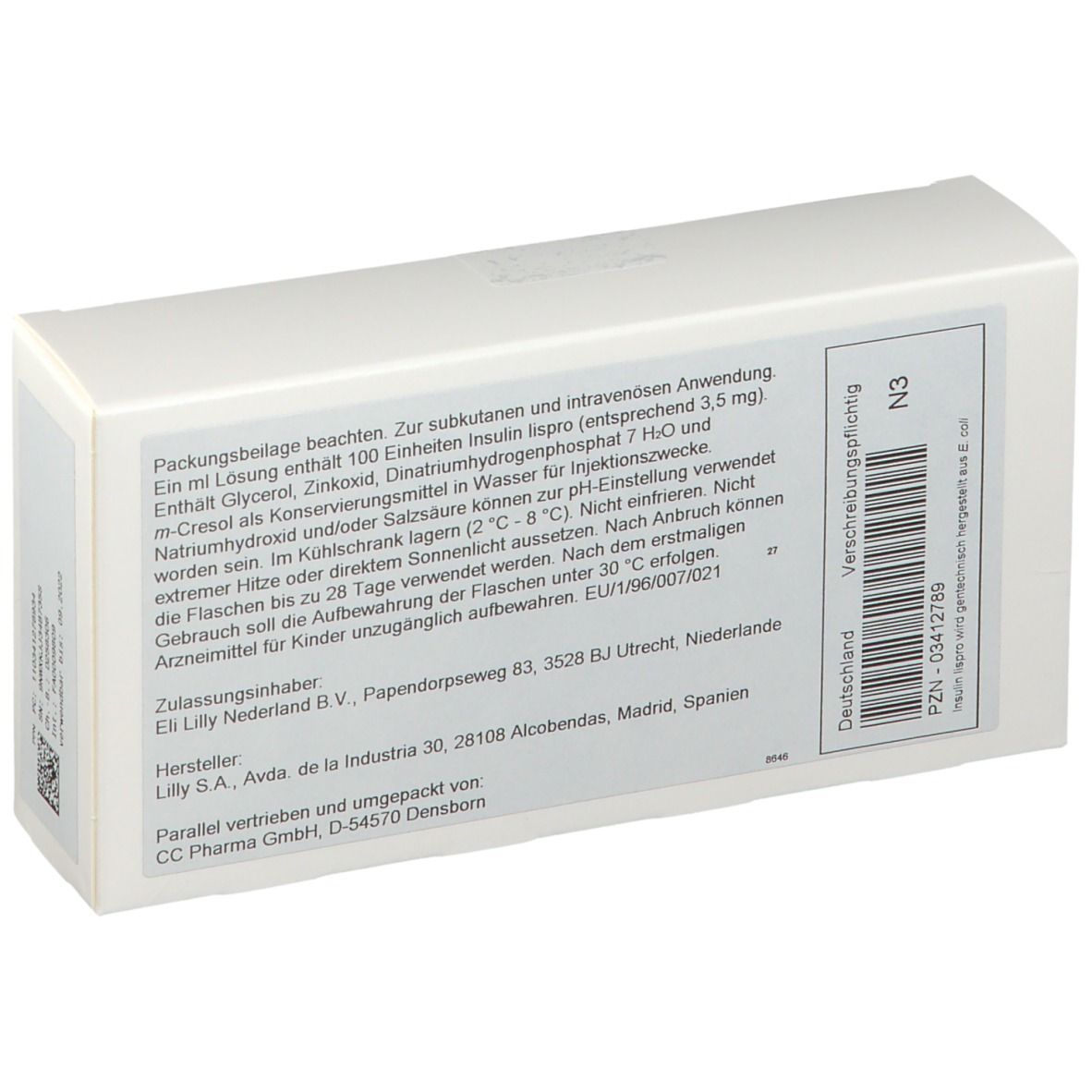 Rückseite einer weißen Verpackung. Textinformationen und Barcode. Herstellerinformationen. PZN-Nummer.
