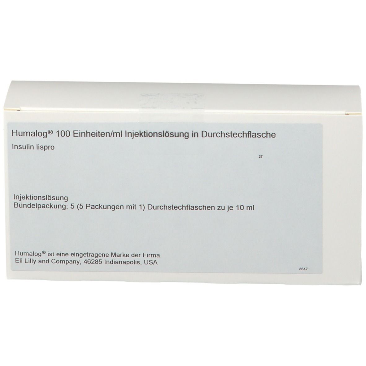 Weiße Verpackung mit Aufschrift Humalog® 100 Einheiten/ml Injektionslösung. Enthält Insulin lispro. Packung mit 5 Durchstechflaschen.