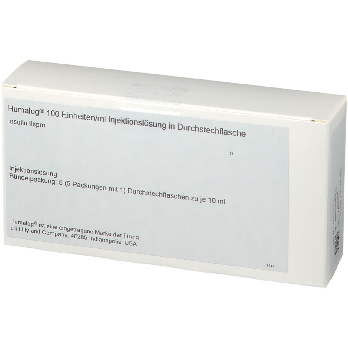Weiße Verpackung mit Aufschrift Humalog® 100 Einheiten/ml Injektionslösung. Enthält Insulin lispro. Packung mit 5 Durchstechflaschen.