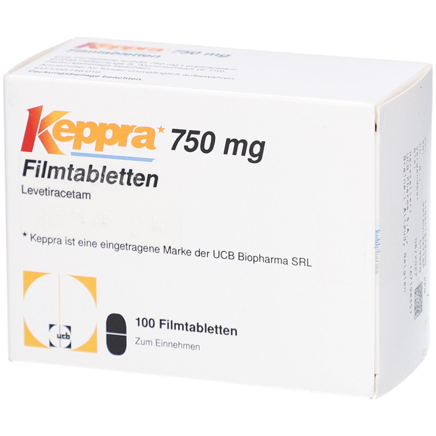 Weiße Schachtel mit Keppra 750 mg. Aufschrift: Filmtabletten, Levetiracetam, 100 Filmtabletten. UCB Biopharma SRL Marke.