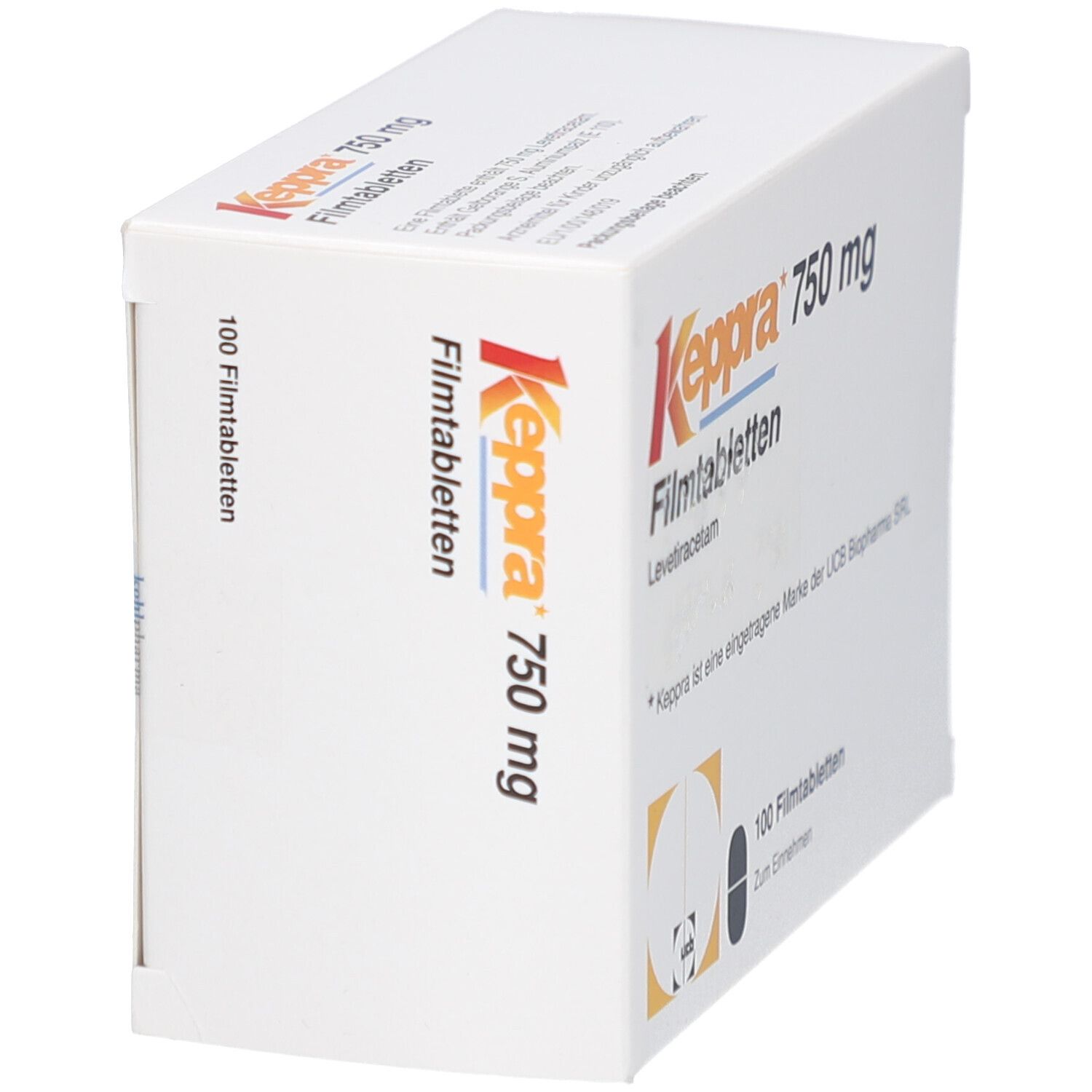 Schachtel mit Keppra 750 mg Filmtabletten. Aufschrift: 100 Filmtabletten. Marke: Keppra.