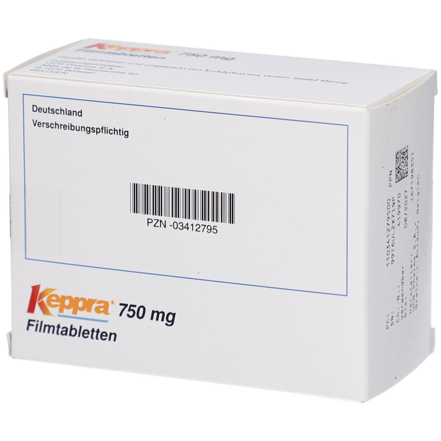 Weiße Schachtel Keppra 750 mg. Aufschrift: Filmtabletten. Barcode und PZN-03412795. Deutschland, verschreibungspflichtig.